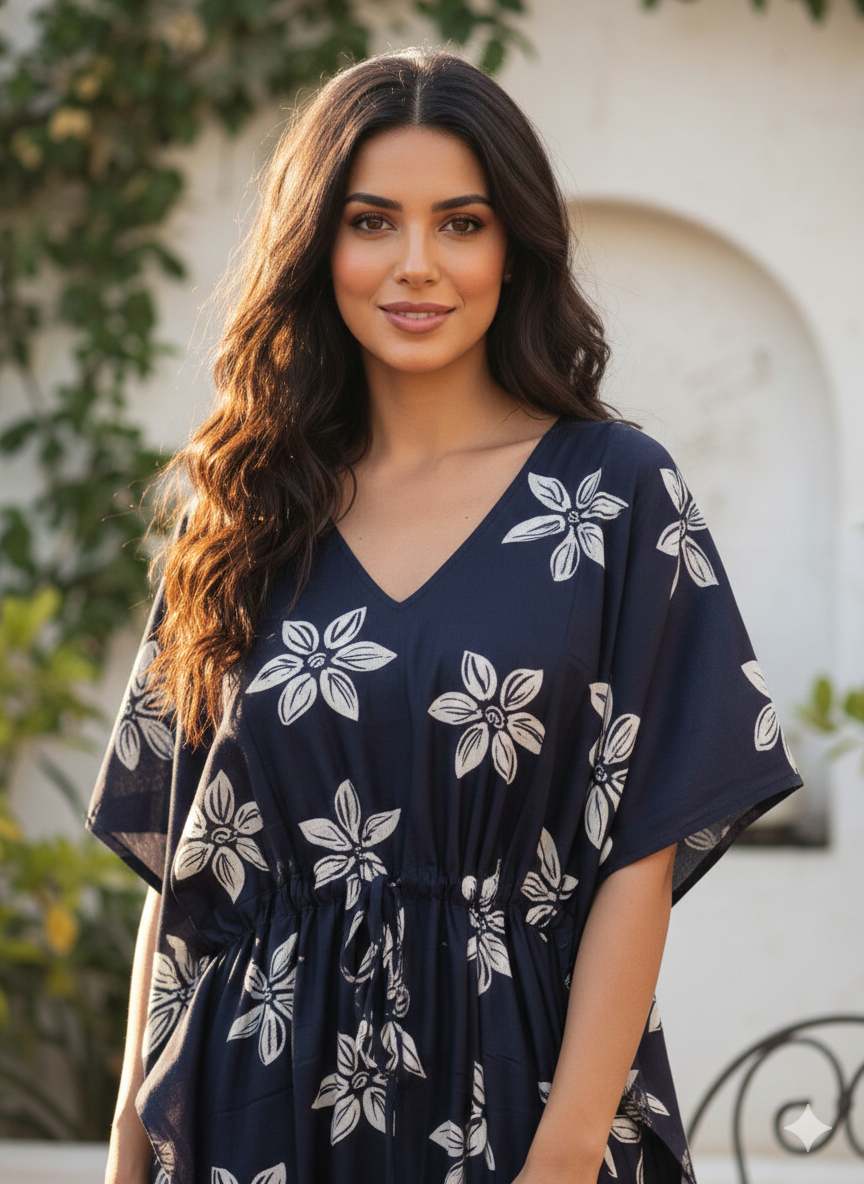 Premium floral kaftan in RAYON fabric with double side zip &length 56” (size xxl)-navyblue