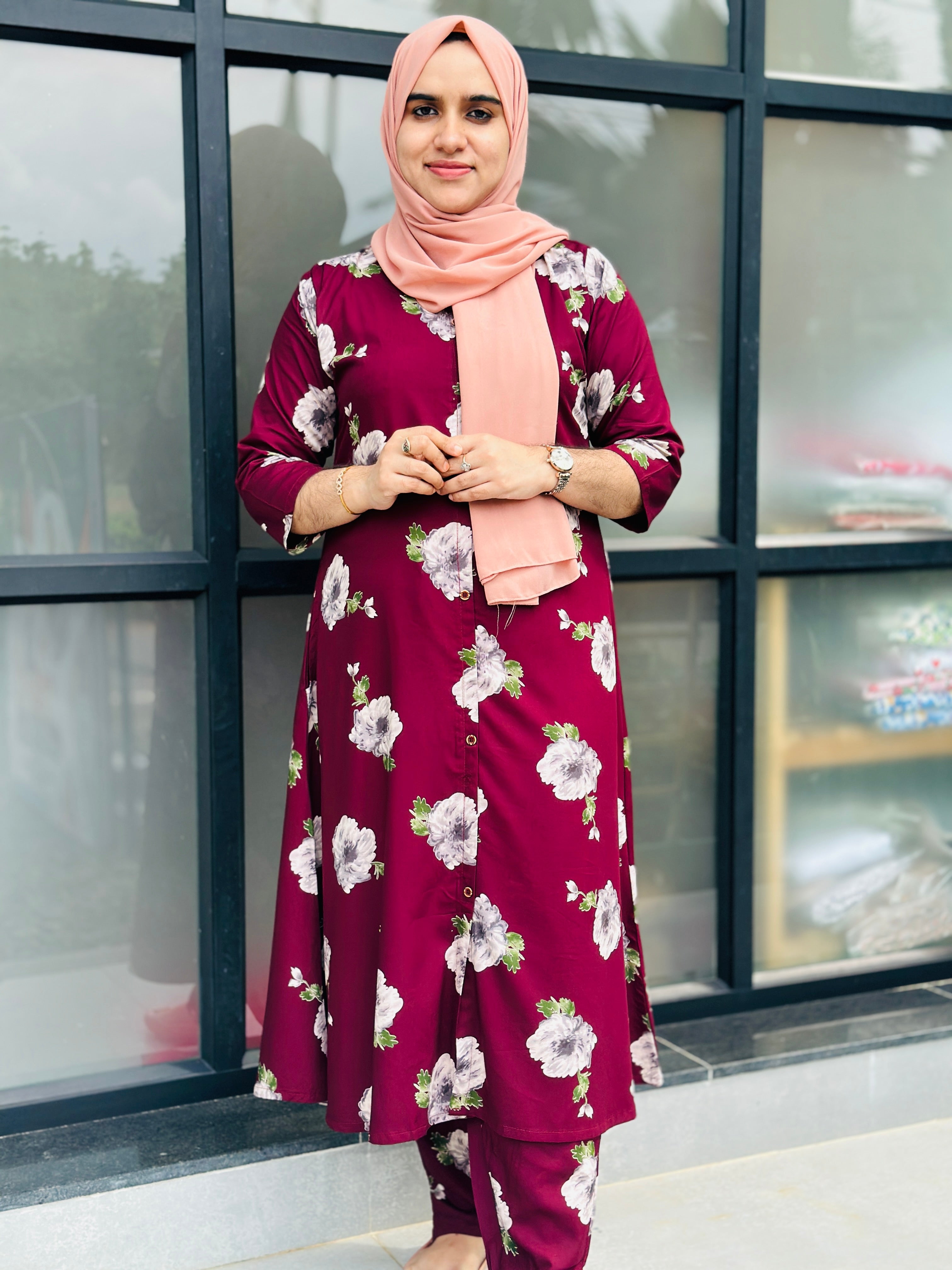 RAYON FLORAL COORDSET A-LINE -meroon