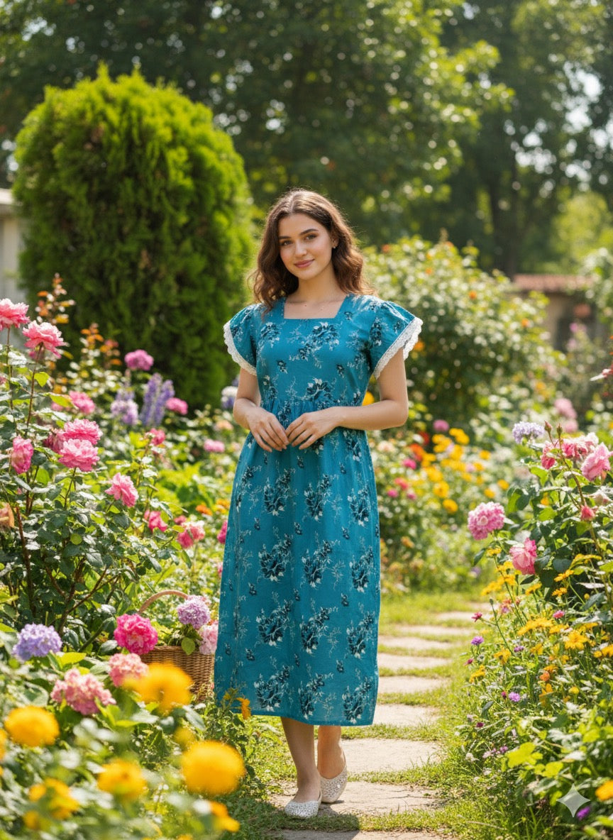 Ruffle sleeve laced feeding frock-blue