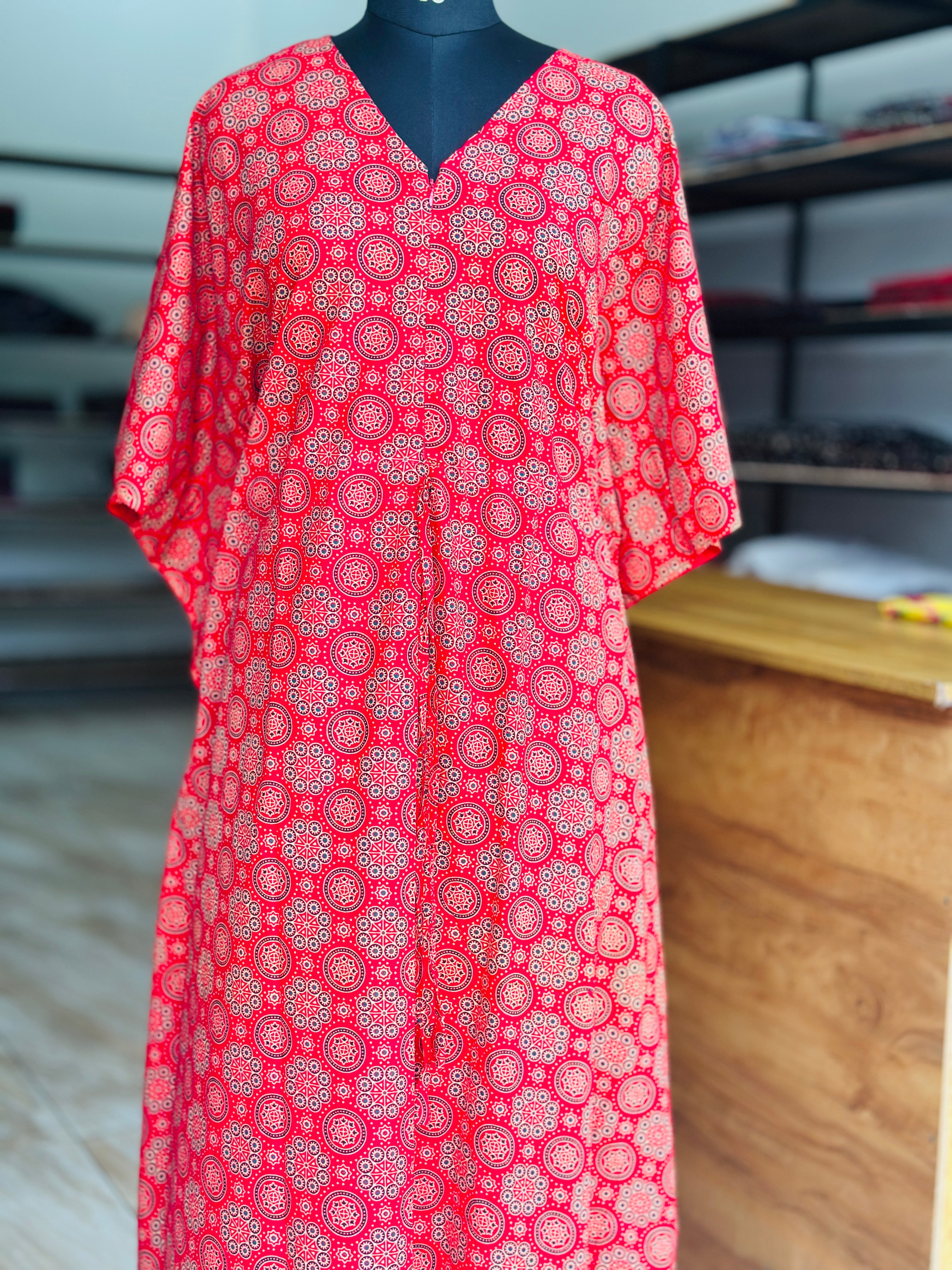 Premium ajrak print kaftan in jaipur cotton fabric with centre zip