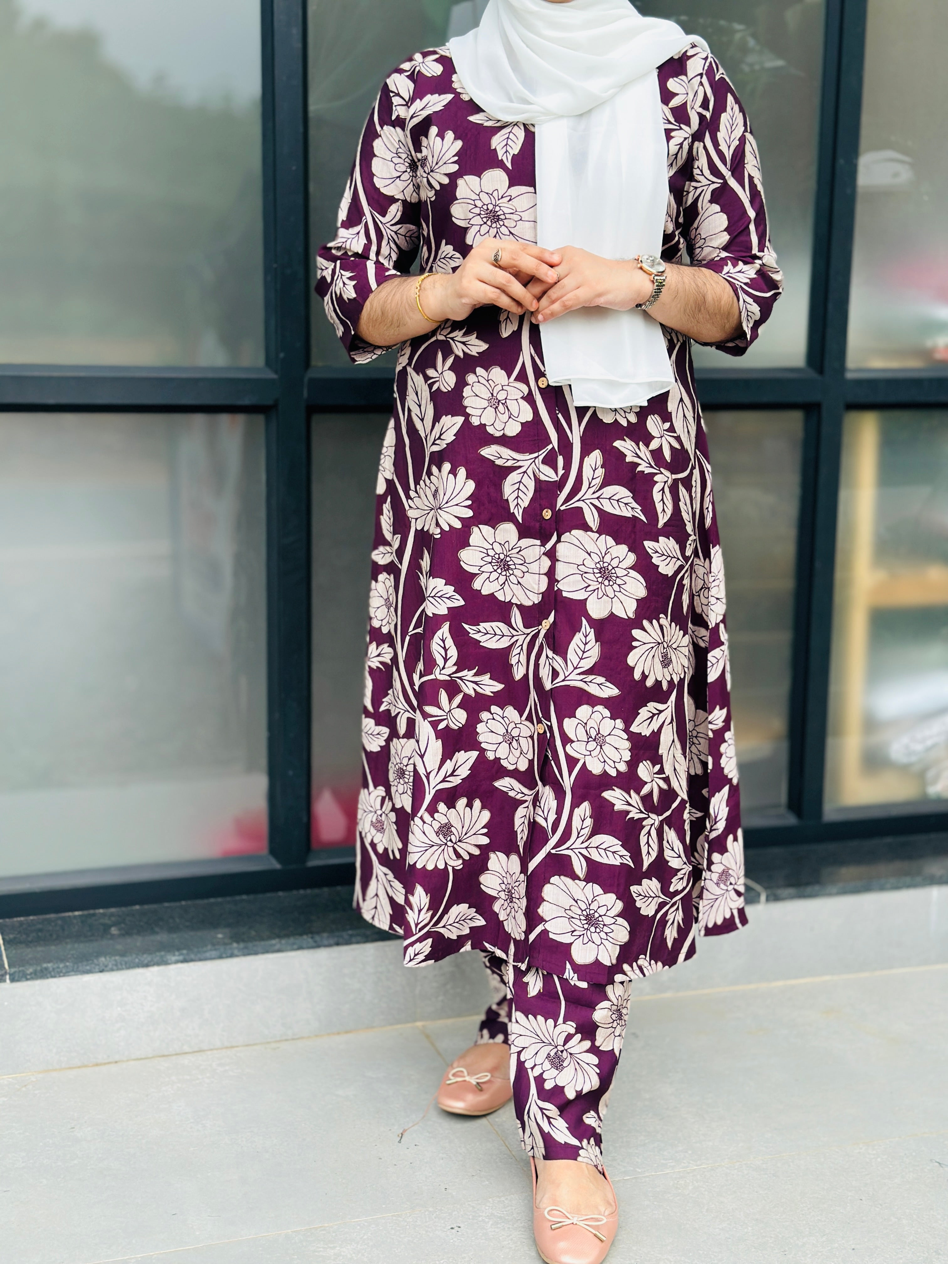 VATICAN COTTON SILK FLORAL A-LINE COORDSET -WINE