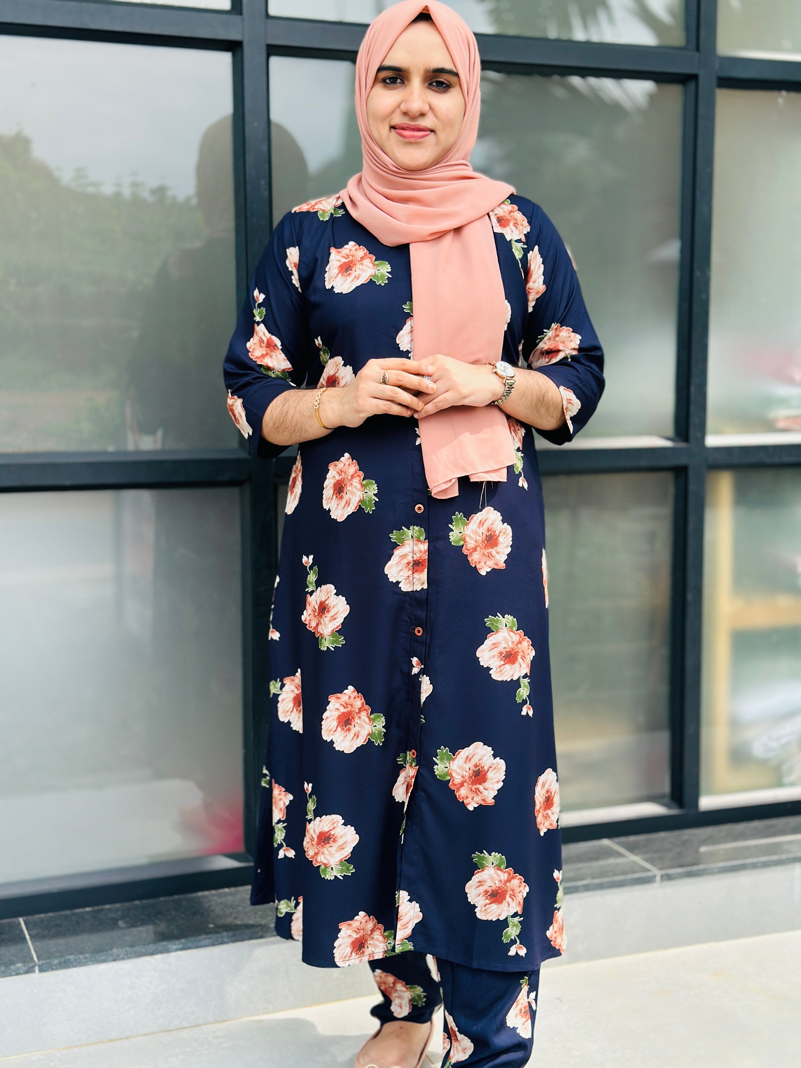 RAYON FLORAL COORDSET A-LINE -navyblue
