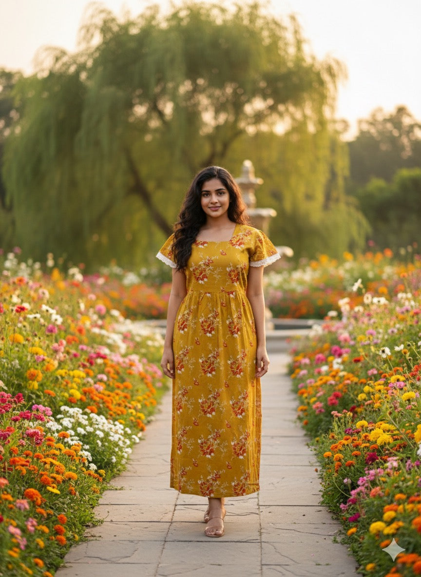 Ruffle sleeve laced feeding frock-yellow