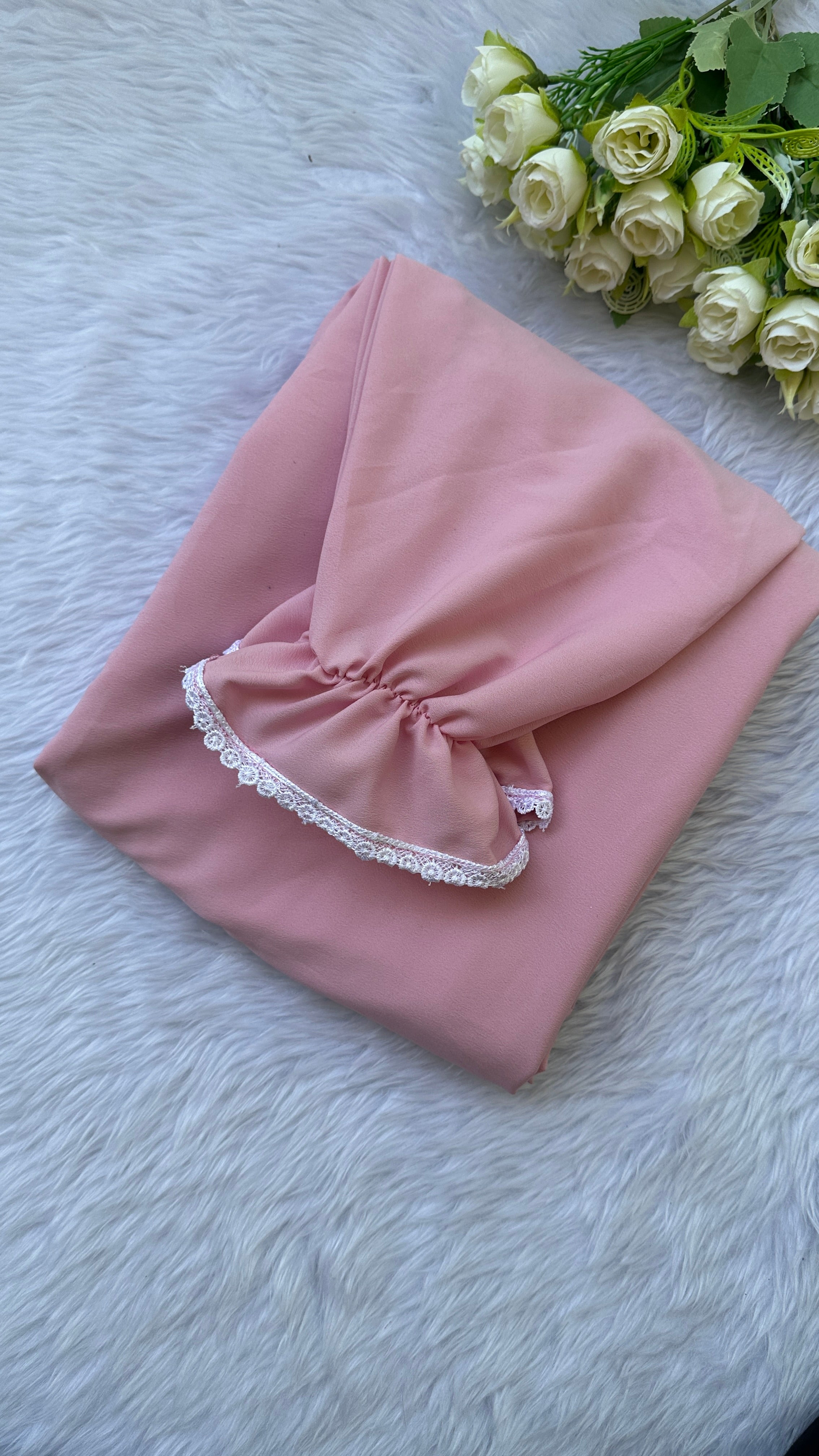 Baby pink premium crepe prayer dress with small lace