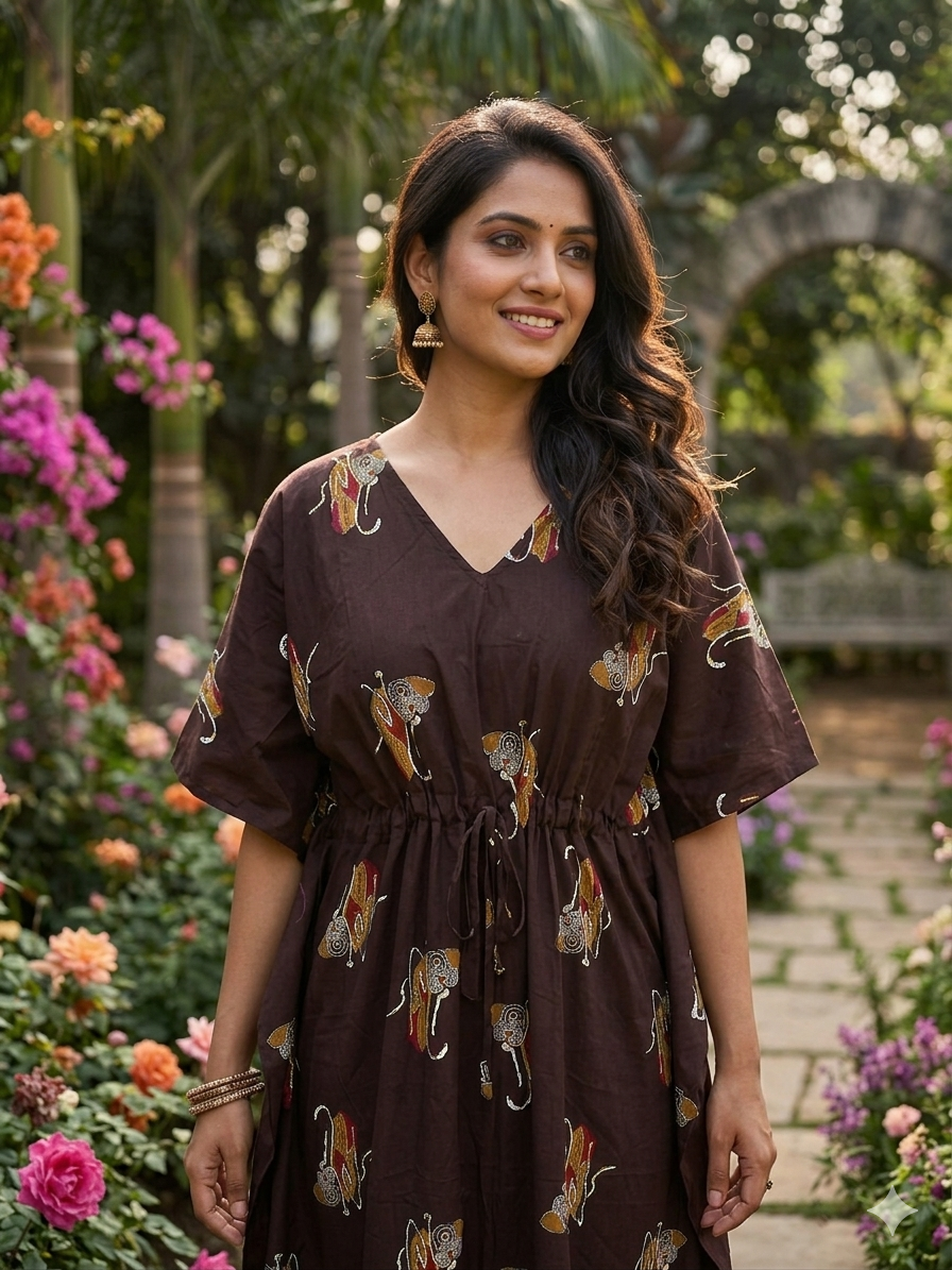 Floral feeding kaftan-coffee brown