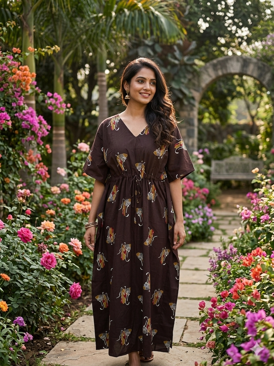 Floral feeding kaftan-coffee brown