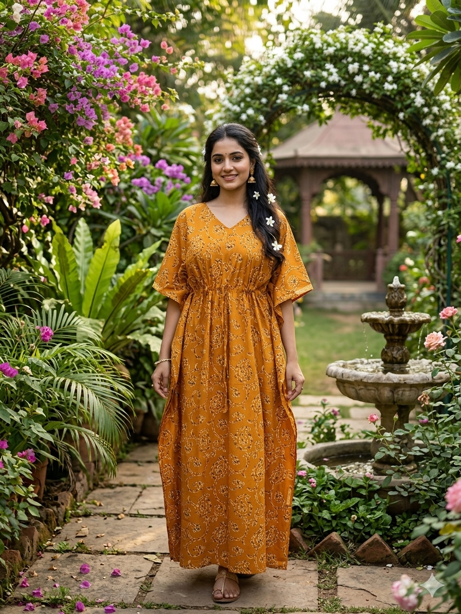 Spiral feeding kaftan-mustard