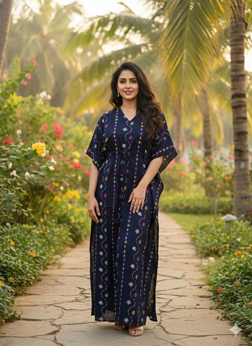 Floral nonfeeding kaftans-navyblue
