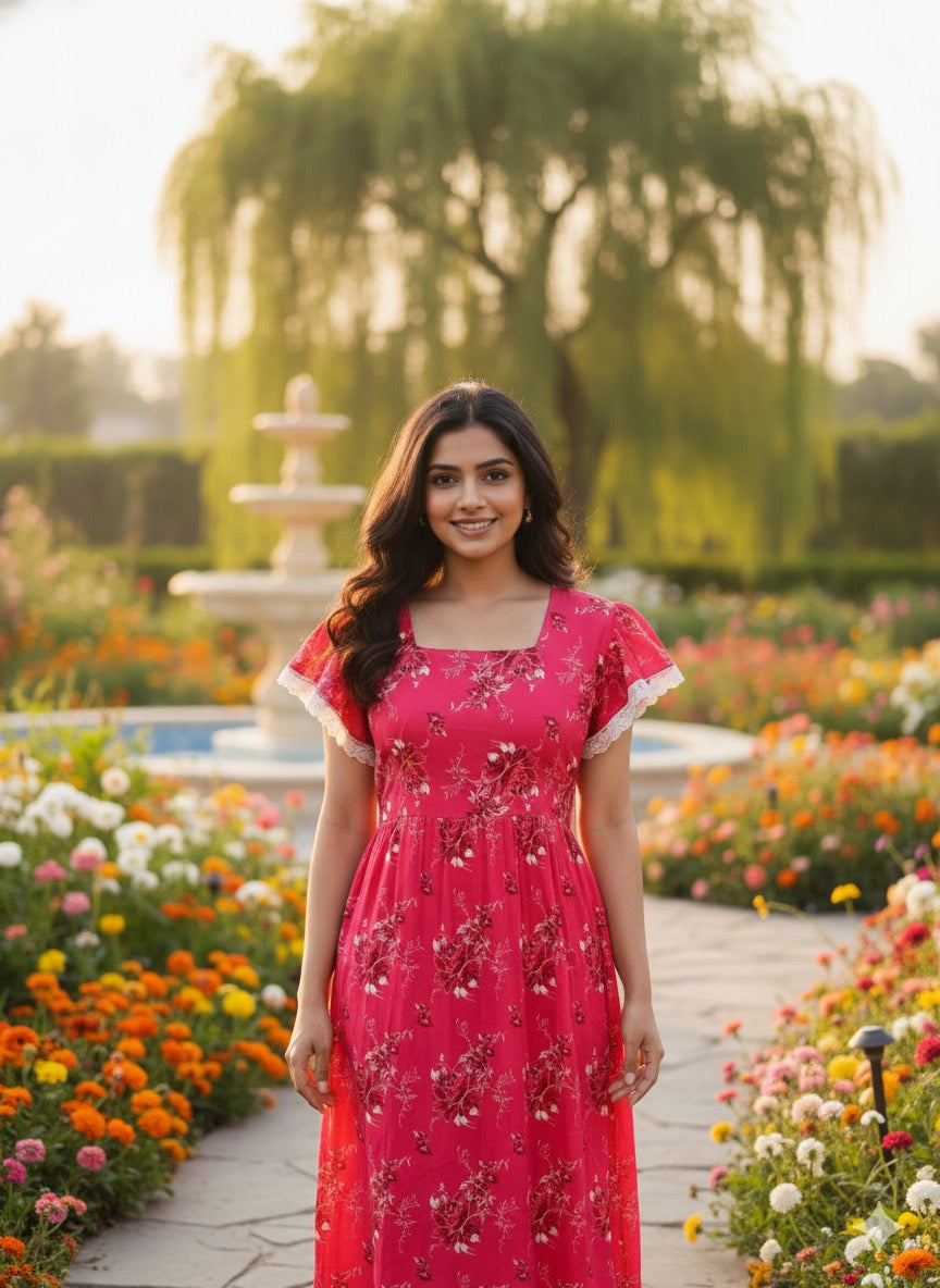 Ruffle sleeve laced feeding frock-pink