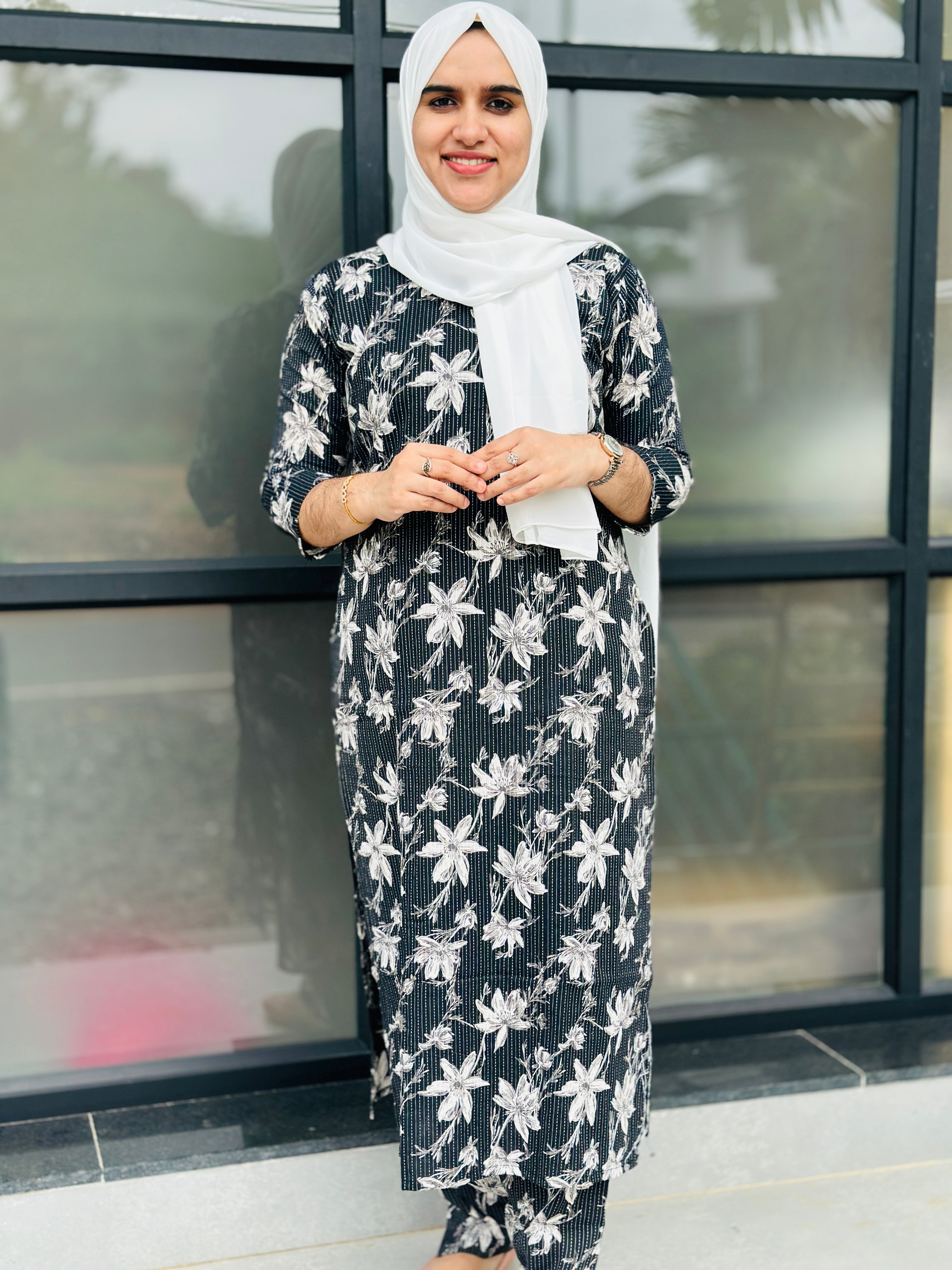 COTTON KANTHA SLITTED COORD SET-BLACK