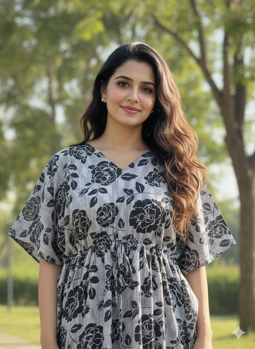 Premium floral kaftan in RAYON fabric with double side zip &length 56” (size xxl)-black