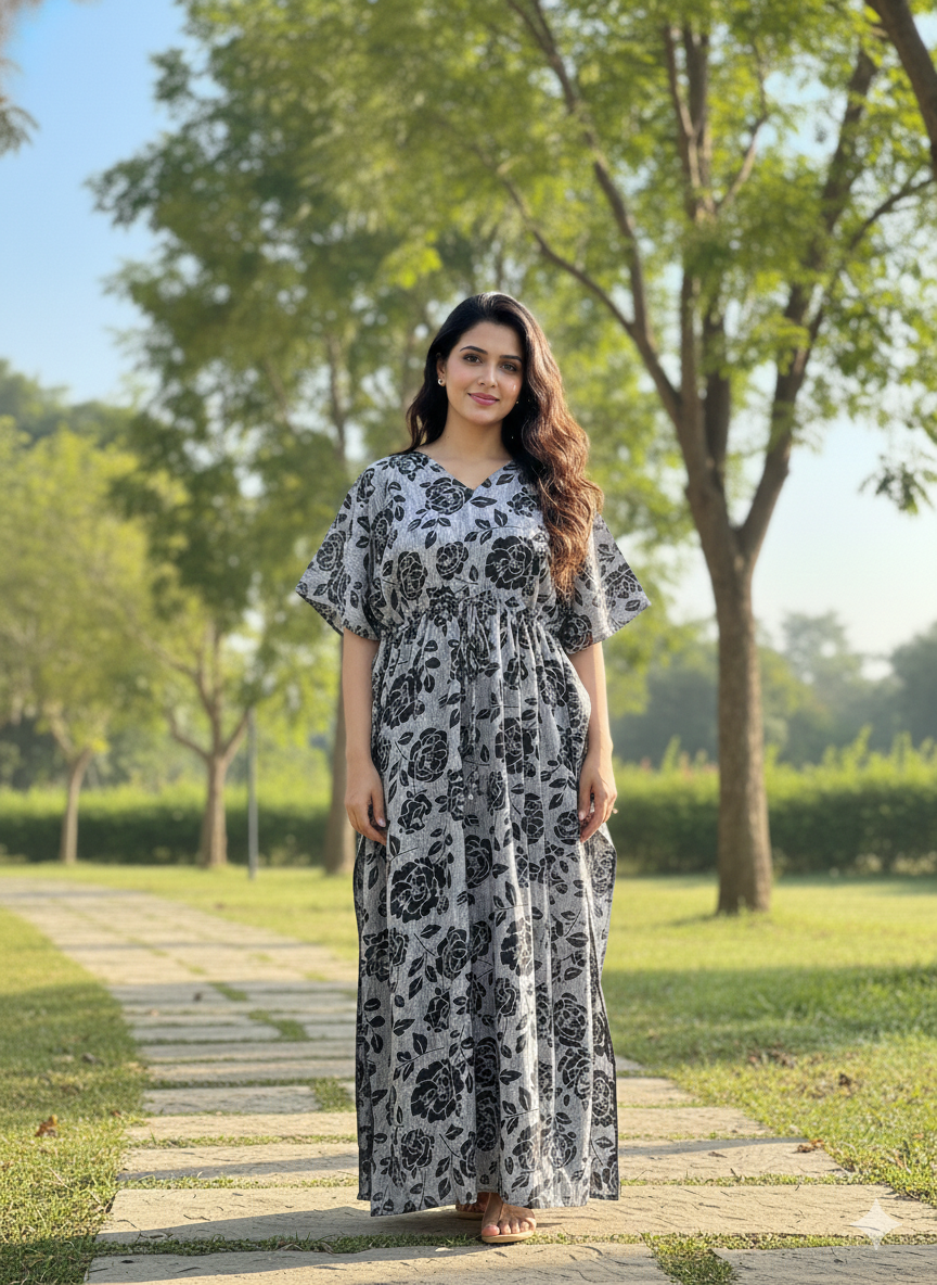 Premium floral kaftan in RAYON fabric with double side zip &length 56” (size xxl)- navyblack
