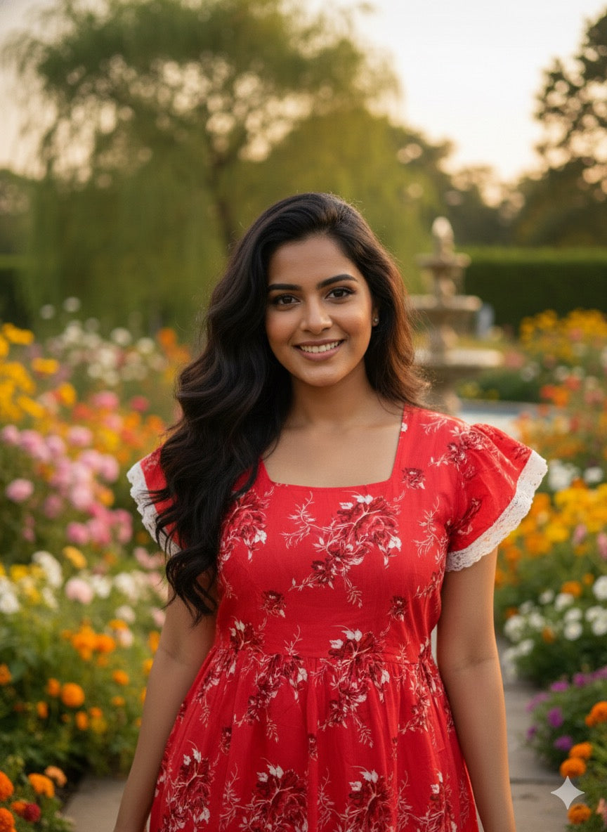 Ruffle sleeve laced feeding frock-Red