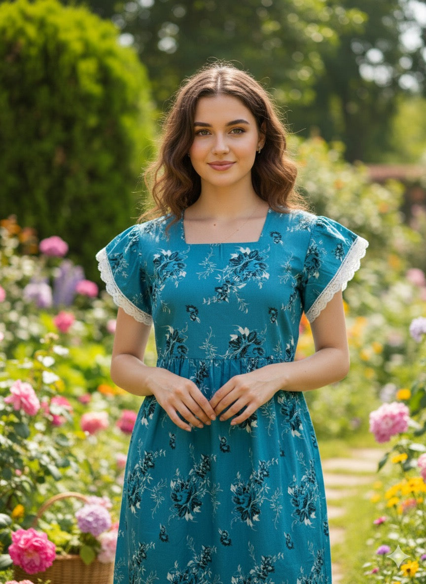 Ruffle sleeve laced feeding frock-blue
