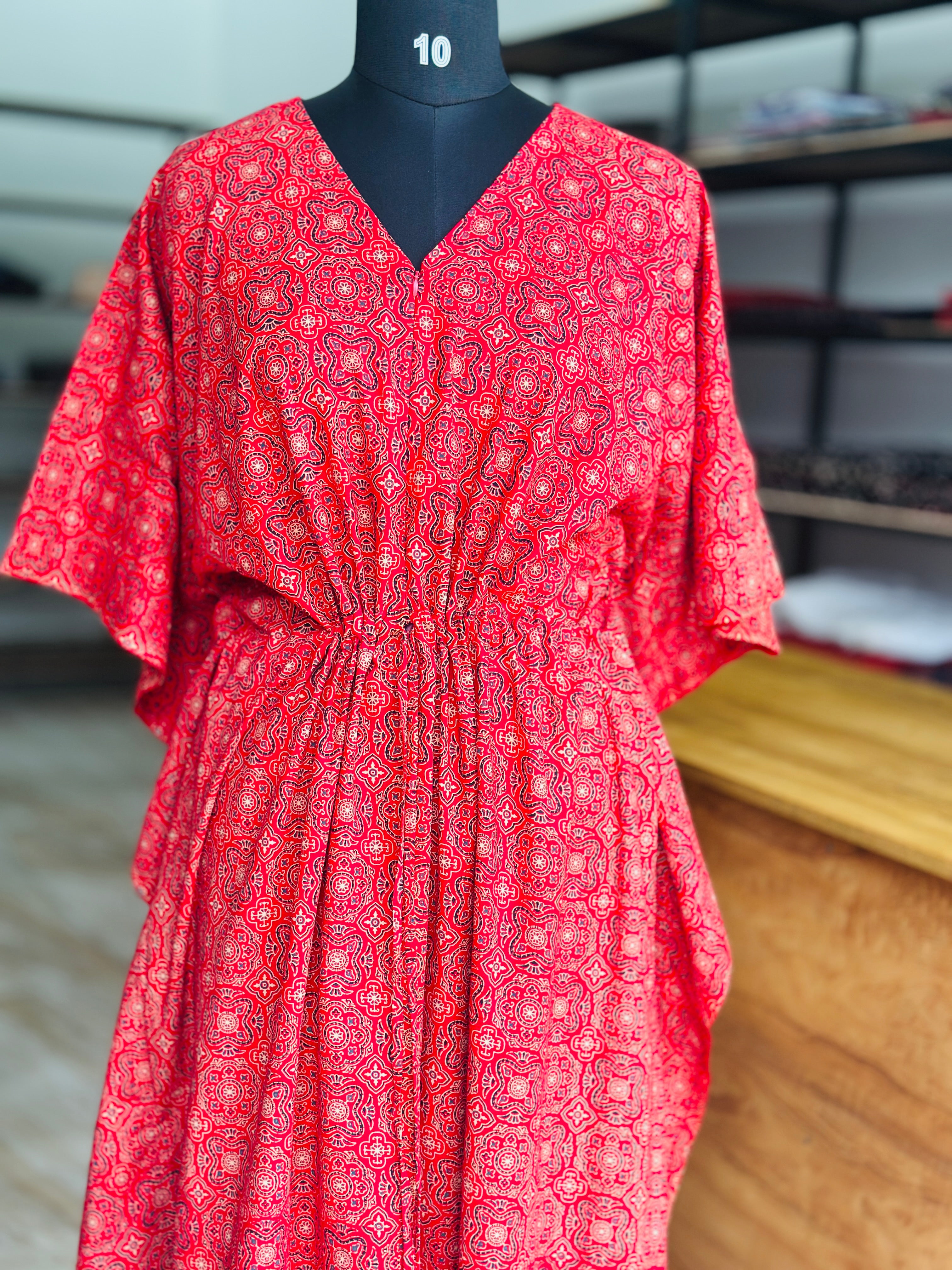 Premium ajrak print kaftan in jaipur cotton fabric with centre zip