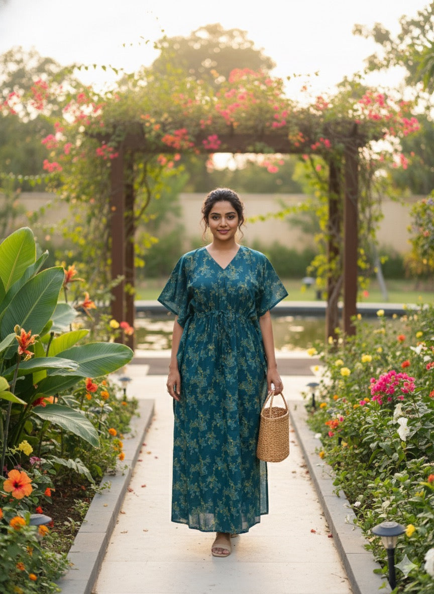 Floral nonfeeding kaftans-peacockblue