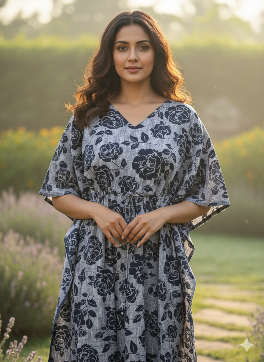 Premium floral kaftan in RAYON fabric with double side zip &length 56” (size xxl)- navyblack