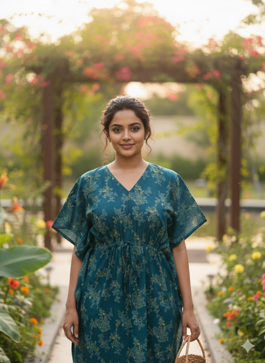 Floral nonfeeding kaftans-peacockblue