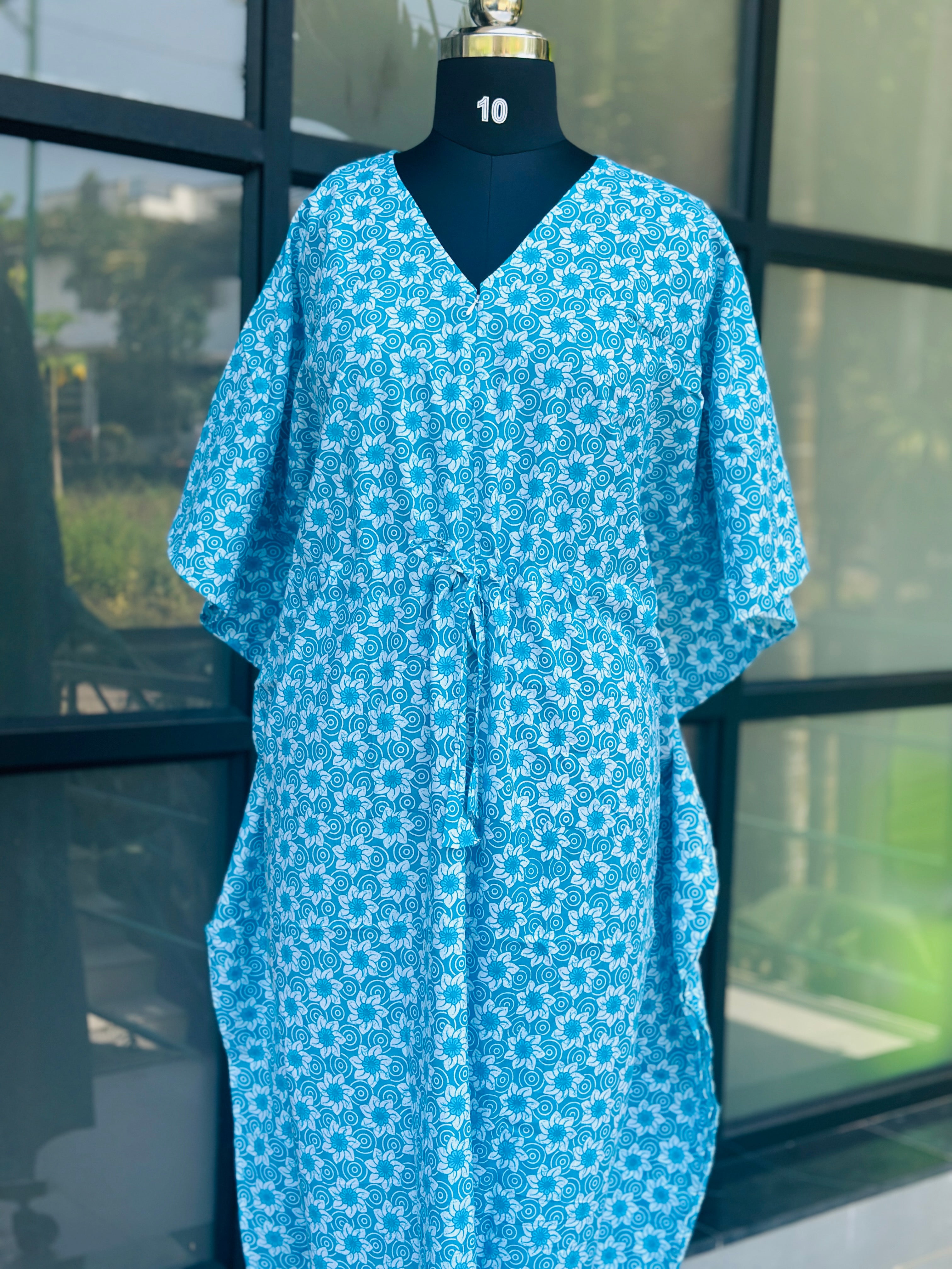 Premium floral kaftan in pure soft cotton fabric with centre zip &length 57”