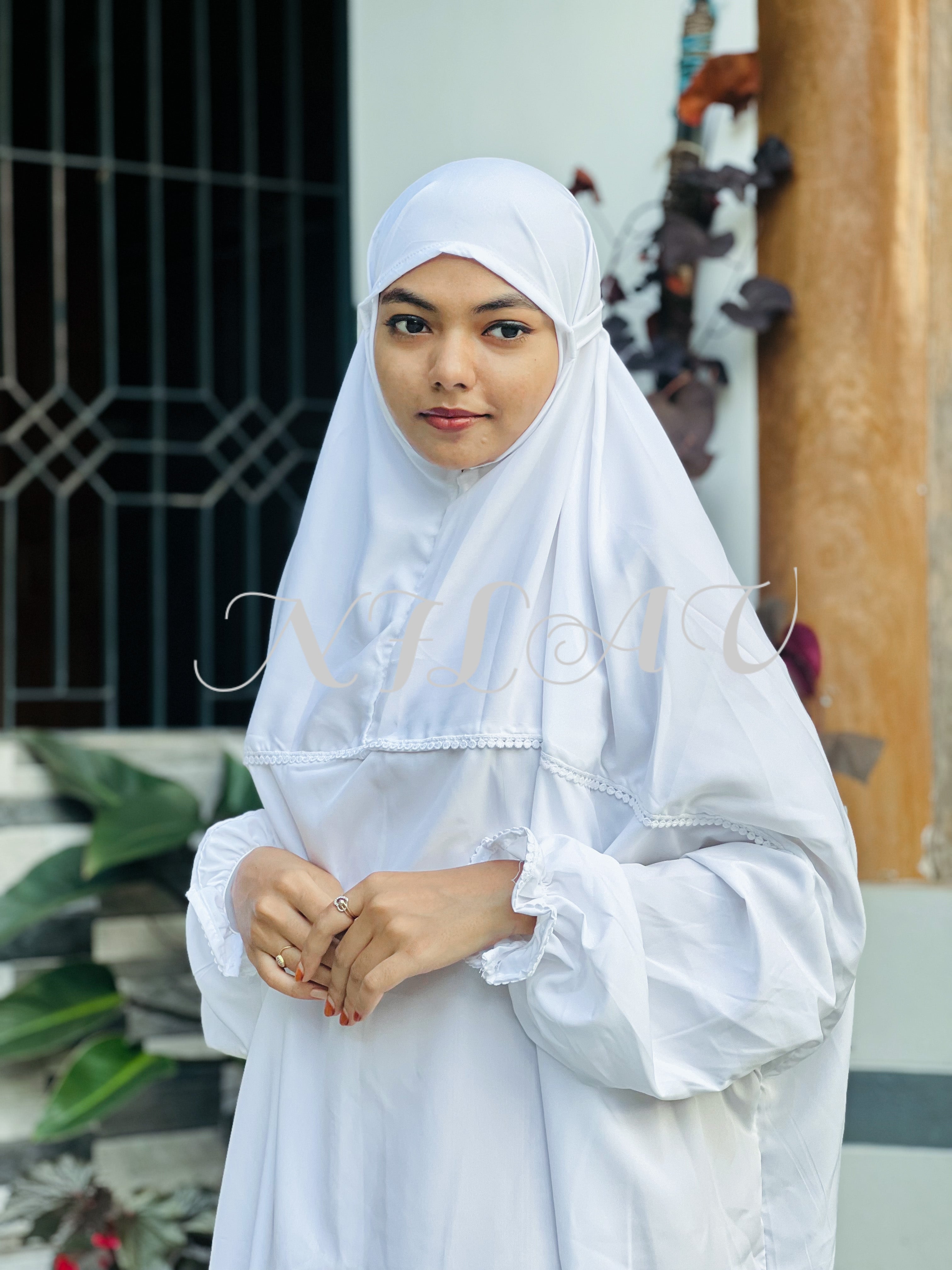 Premium White crepe prayer dress with small lace