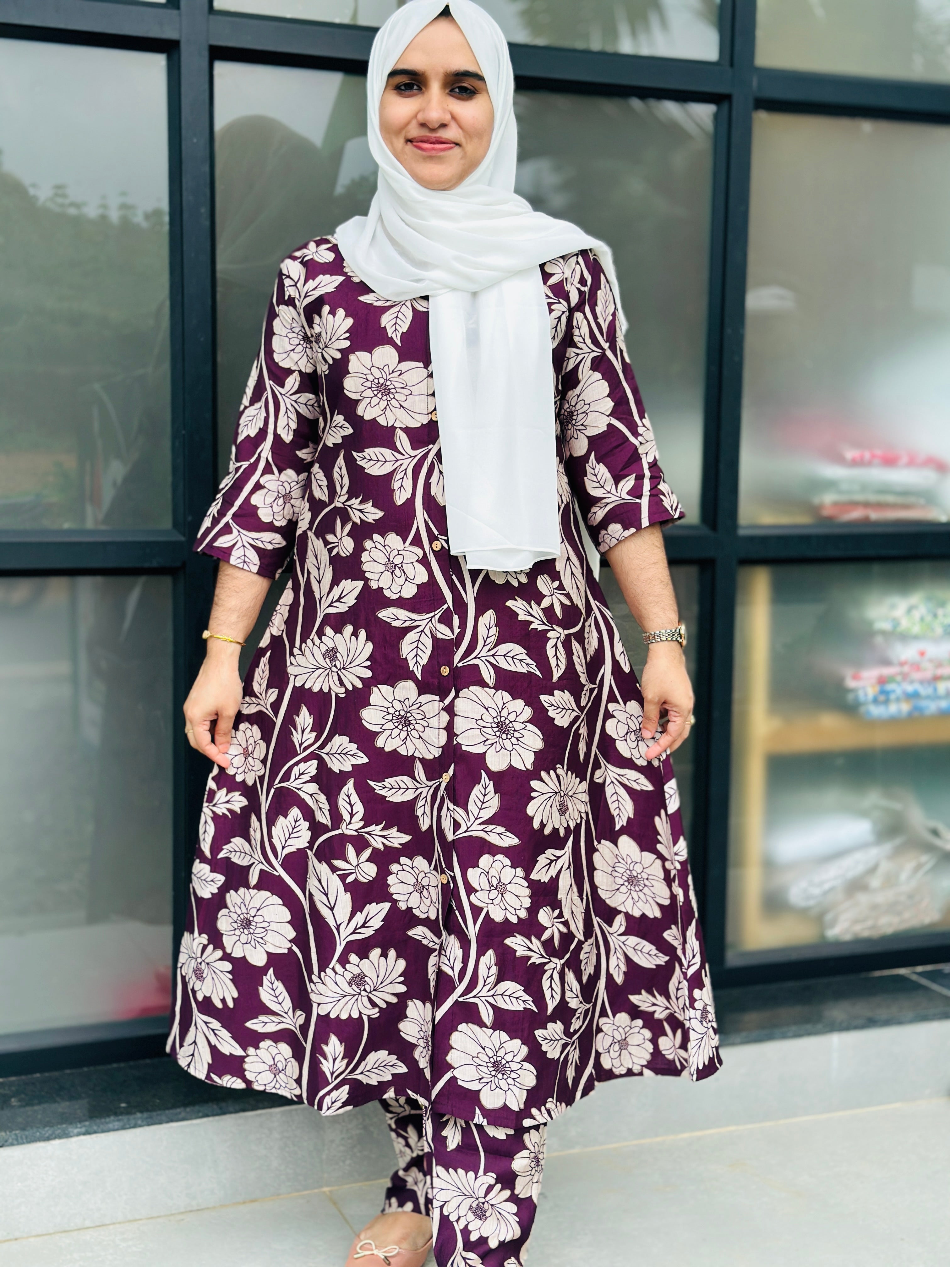 VATICAN COTTON SILK FLORAL A-LINE COORDSET -WINE