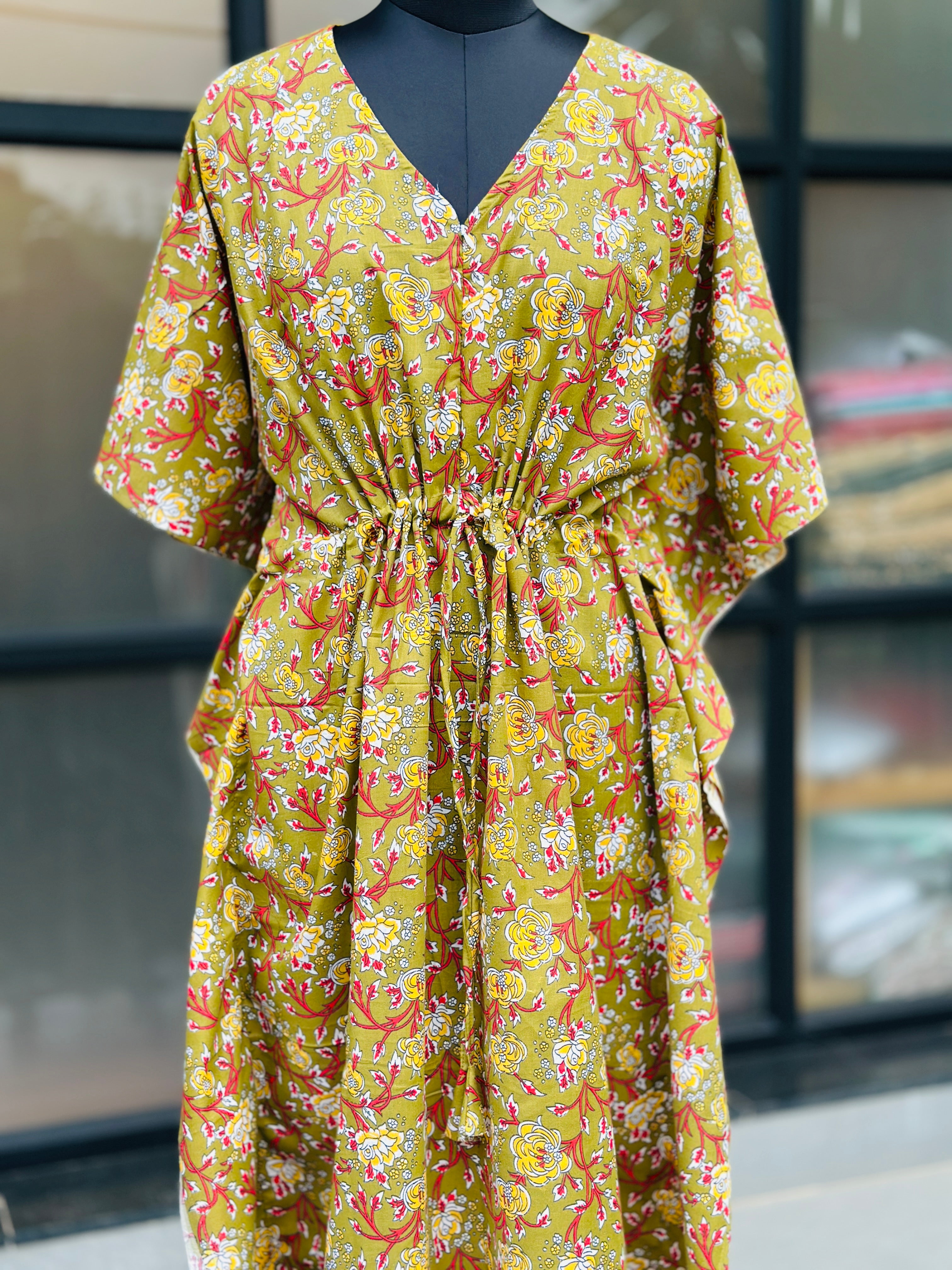 Premium floral kaftan in jaipur cotton fabric with centre zip