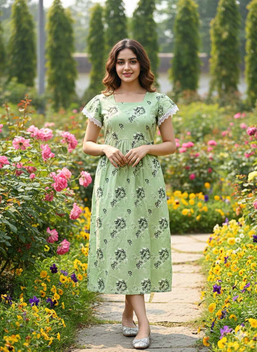 Ruffle sleeve laced  feeding frock-green
