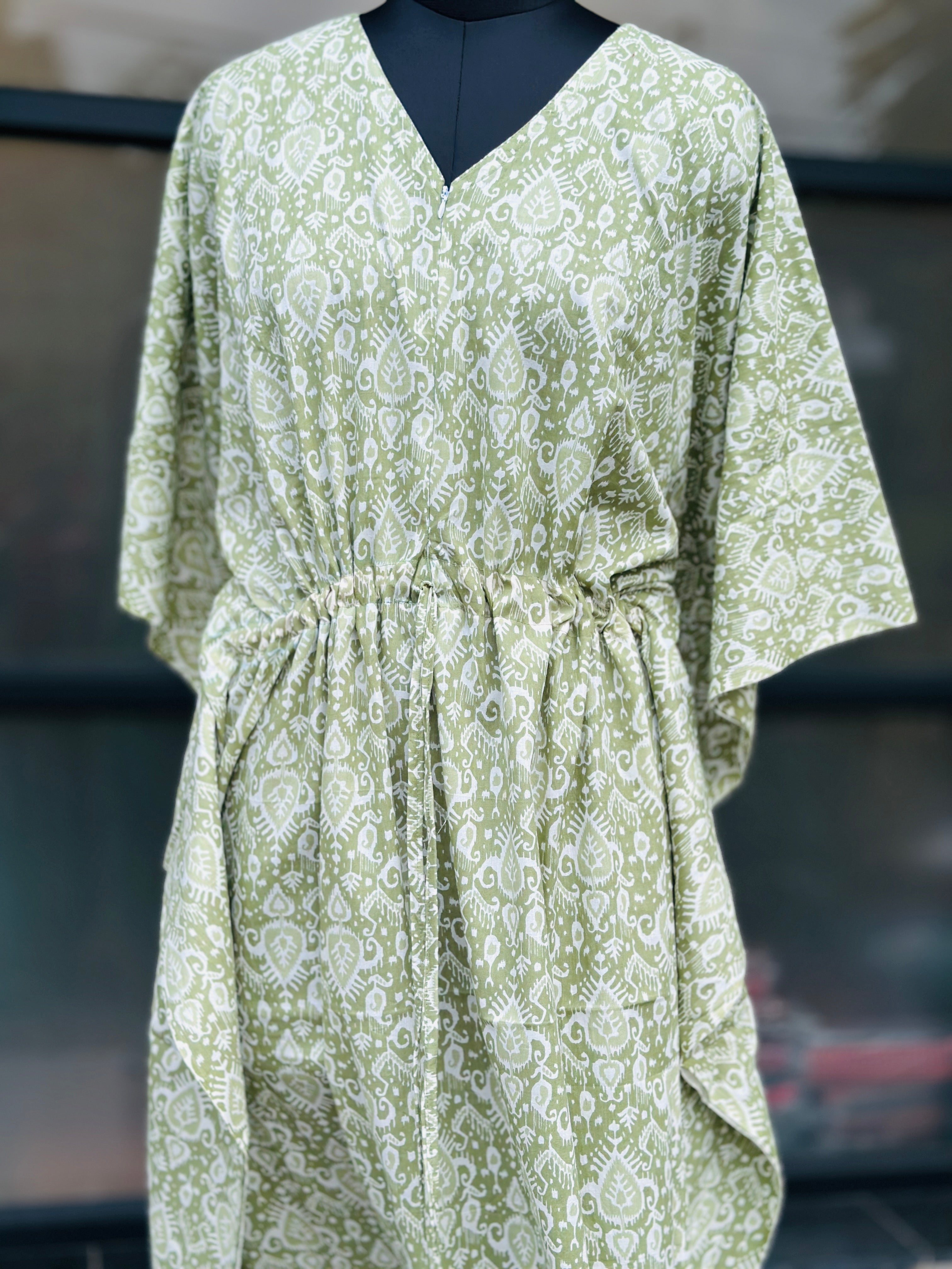 Premium ikkat printed kaftan in jaipur cotton fabric with centre zip