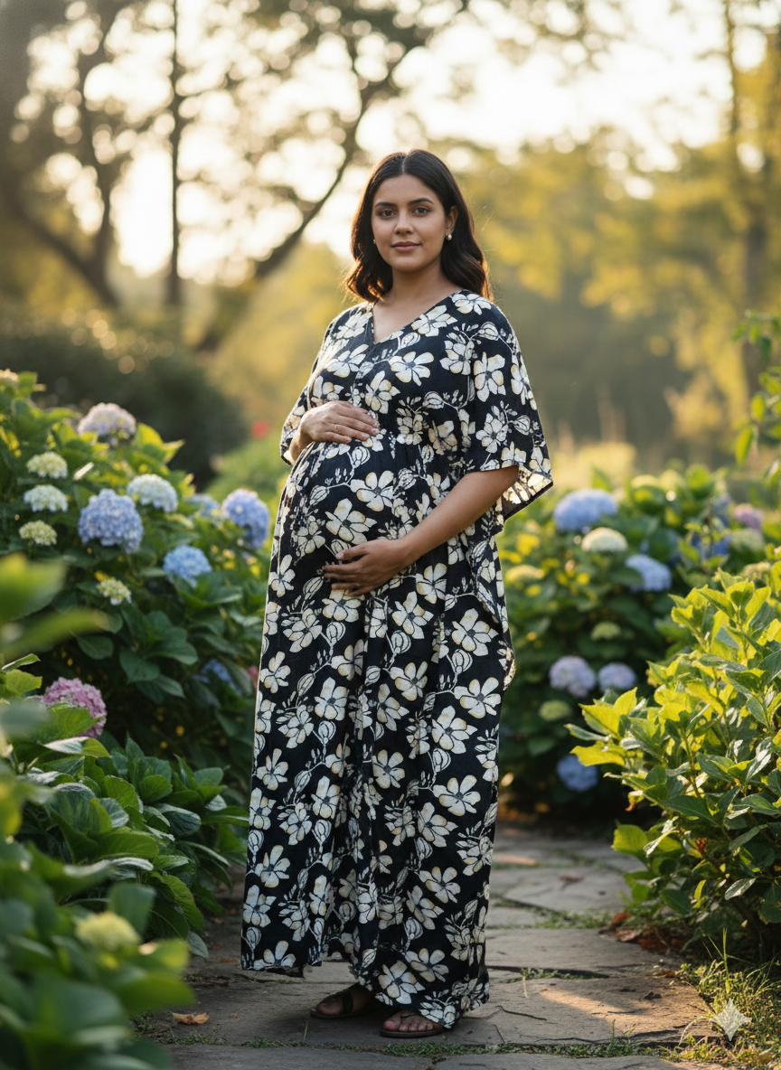 Premium floral kaftan in pure soft cotton fabric with centre zip &length 57” (free size L-5xl)