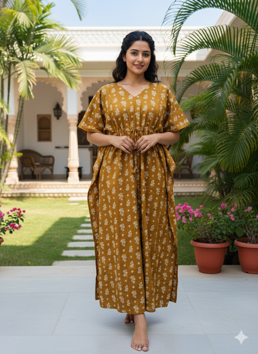 Floral feeding kaftans-mustard yellow