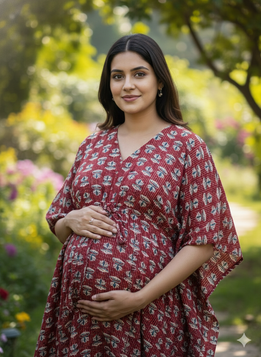 Premium floral kaftan in pure kantha cotton fabric with centre zip &length 57” (free size L-5xl)