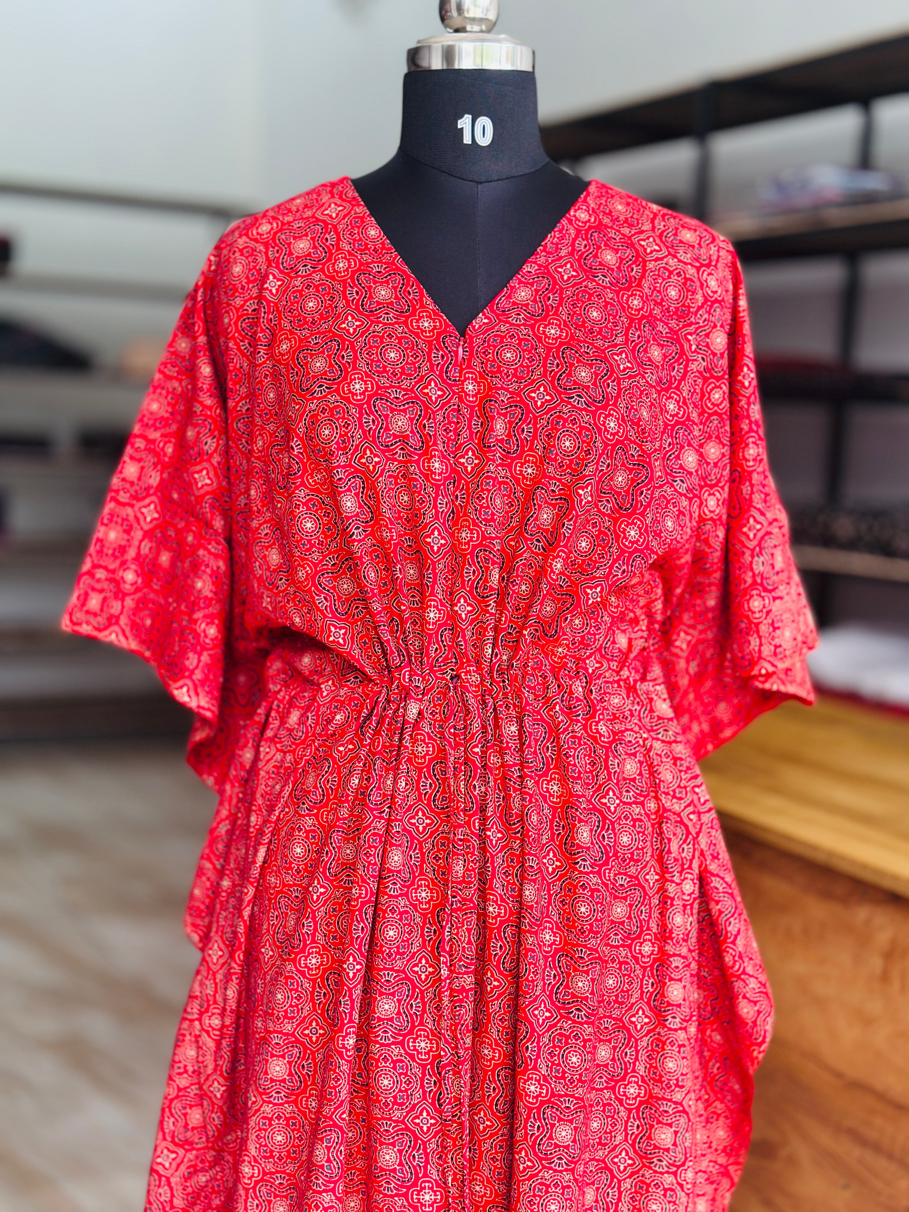 Premium ajrak print kaftan in jaipur cotton fabric with centre zip