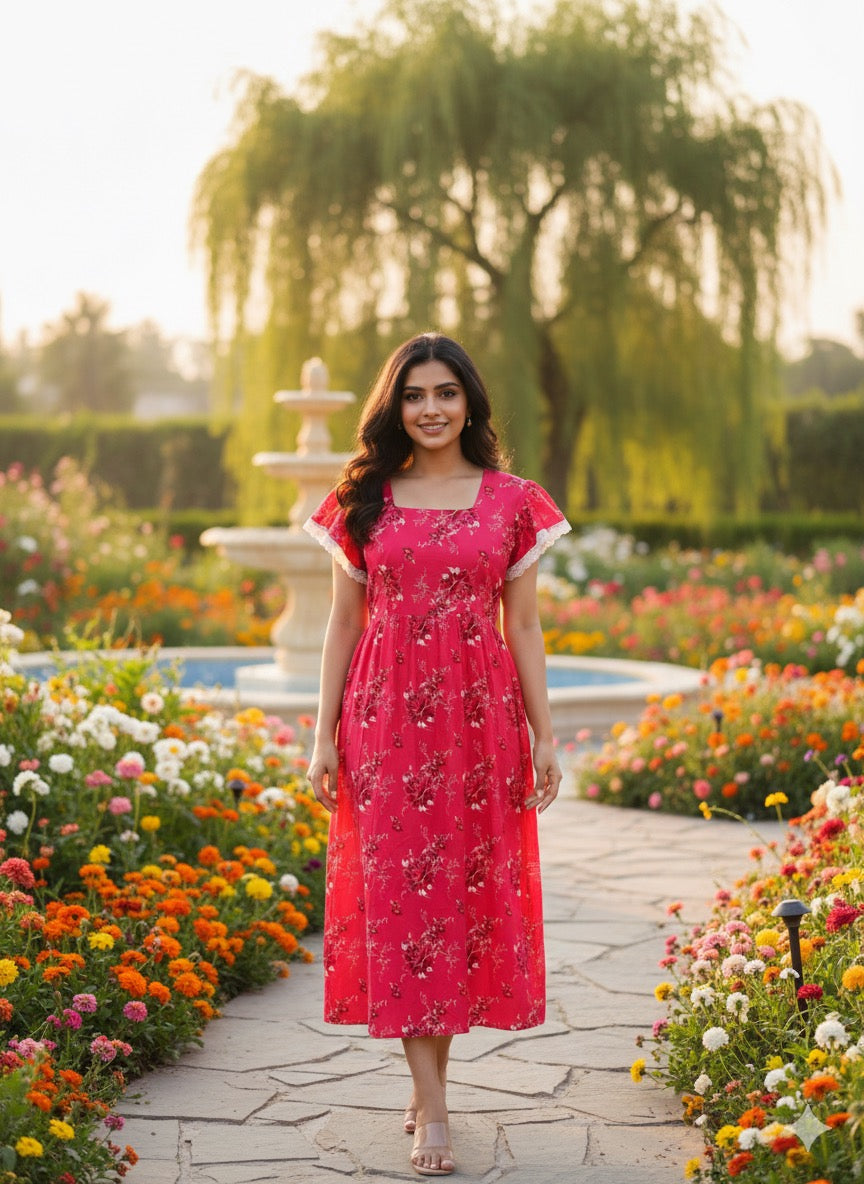 Ruffle sleeve laced  feeding frock-pink