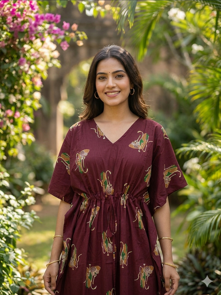 Floral feeding kaftan-meroon