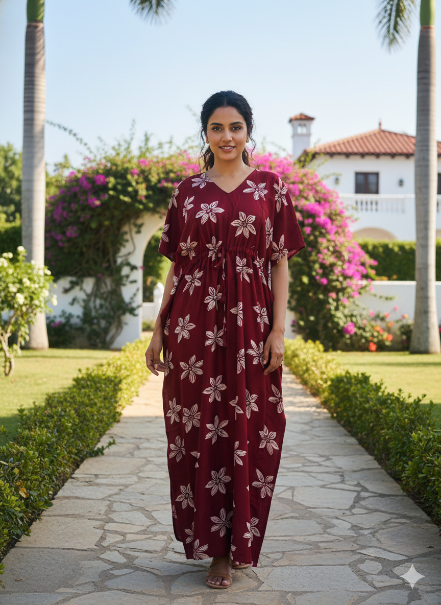 Premium floral kaftan in RAYON fabric with double side zip &length 56” (size xxl)-meroon