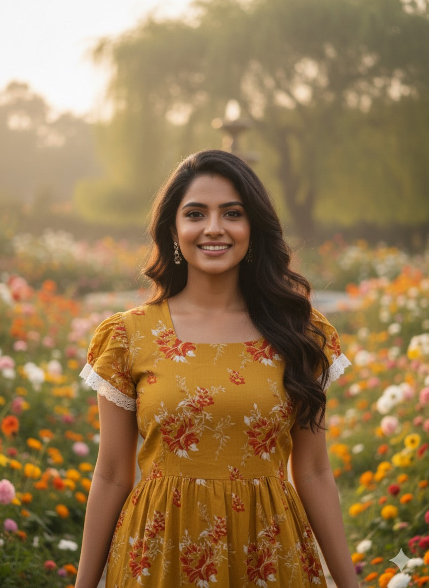 Ruffle sleeve laced  feeding frock-yellow