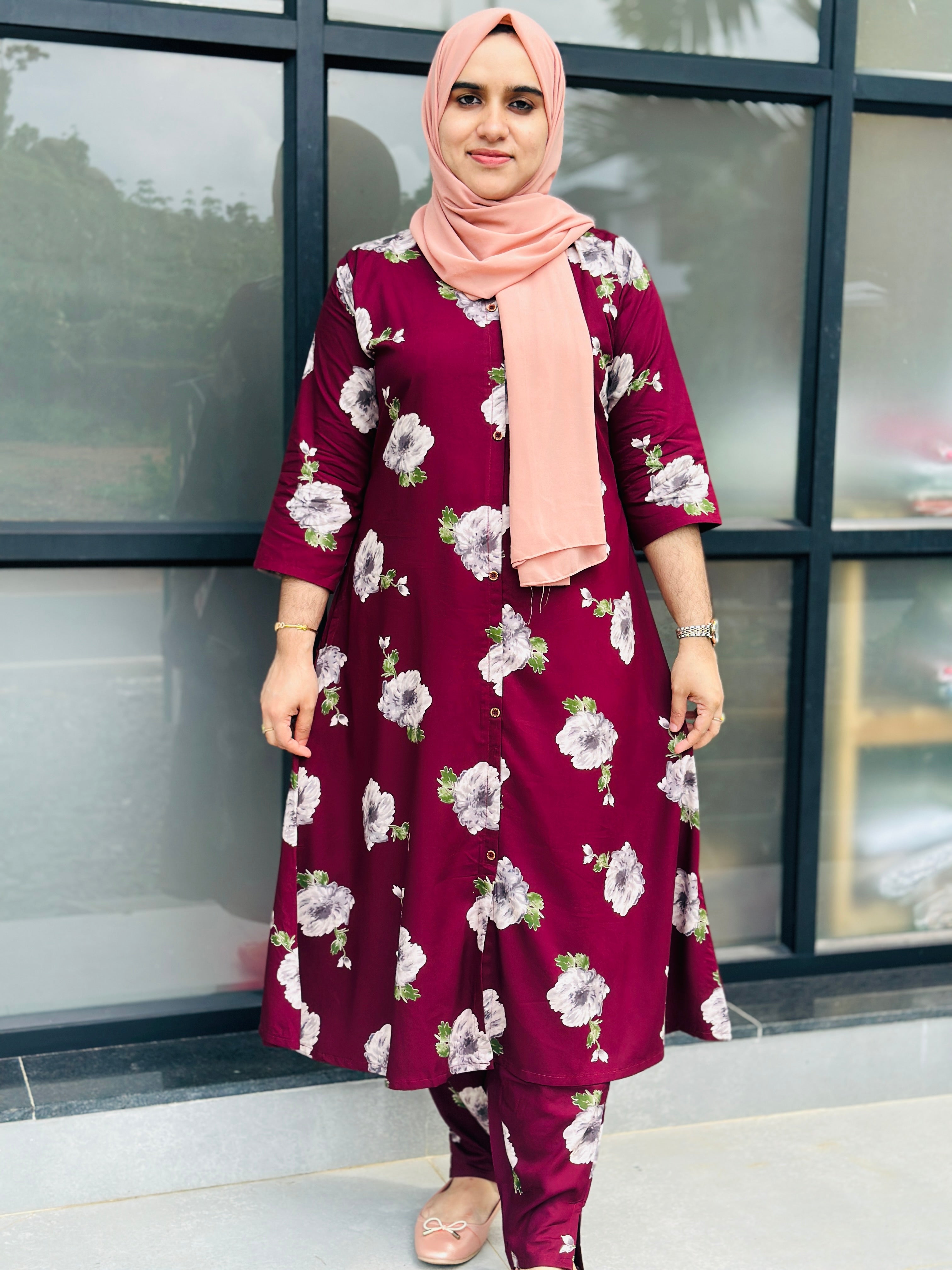 RAYON FLORAL COORDSET A-LINE -meroon
