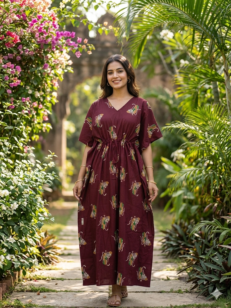Floral feeding kaftan-meroon