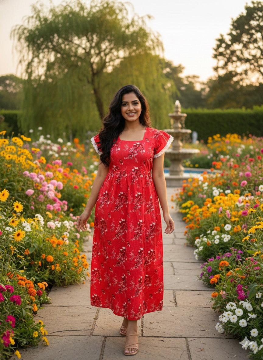 Ruffle sleeve laced  feeding frock-Red
