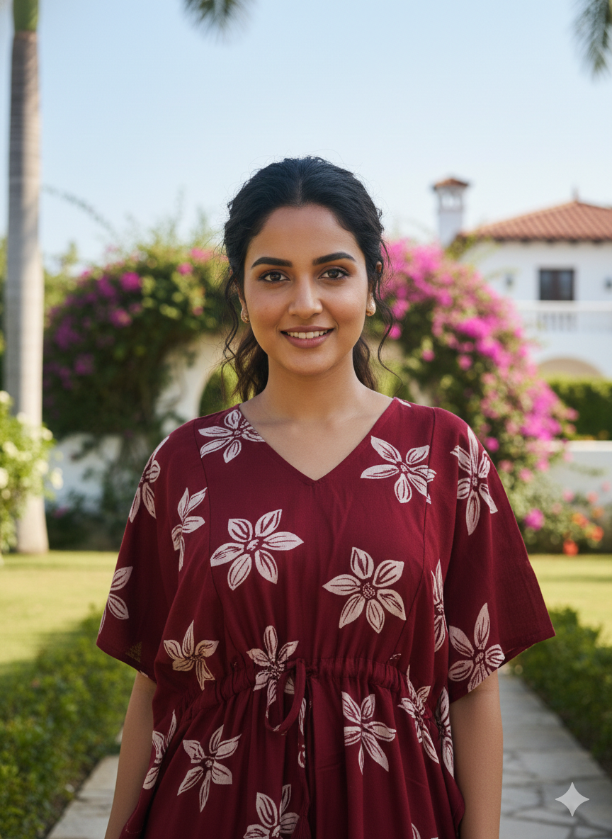 Premium floral kaftan in RAYON fabric with double side zip &length 56” (size xxl)-meroon