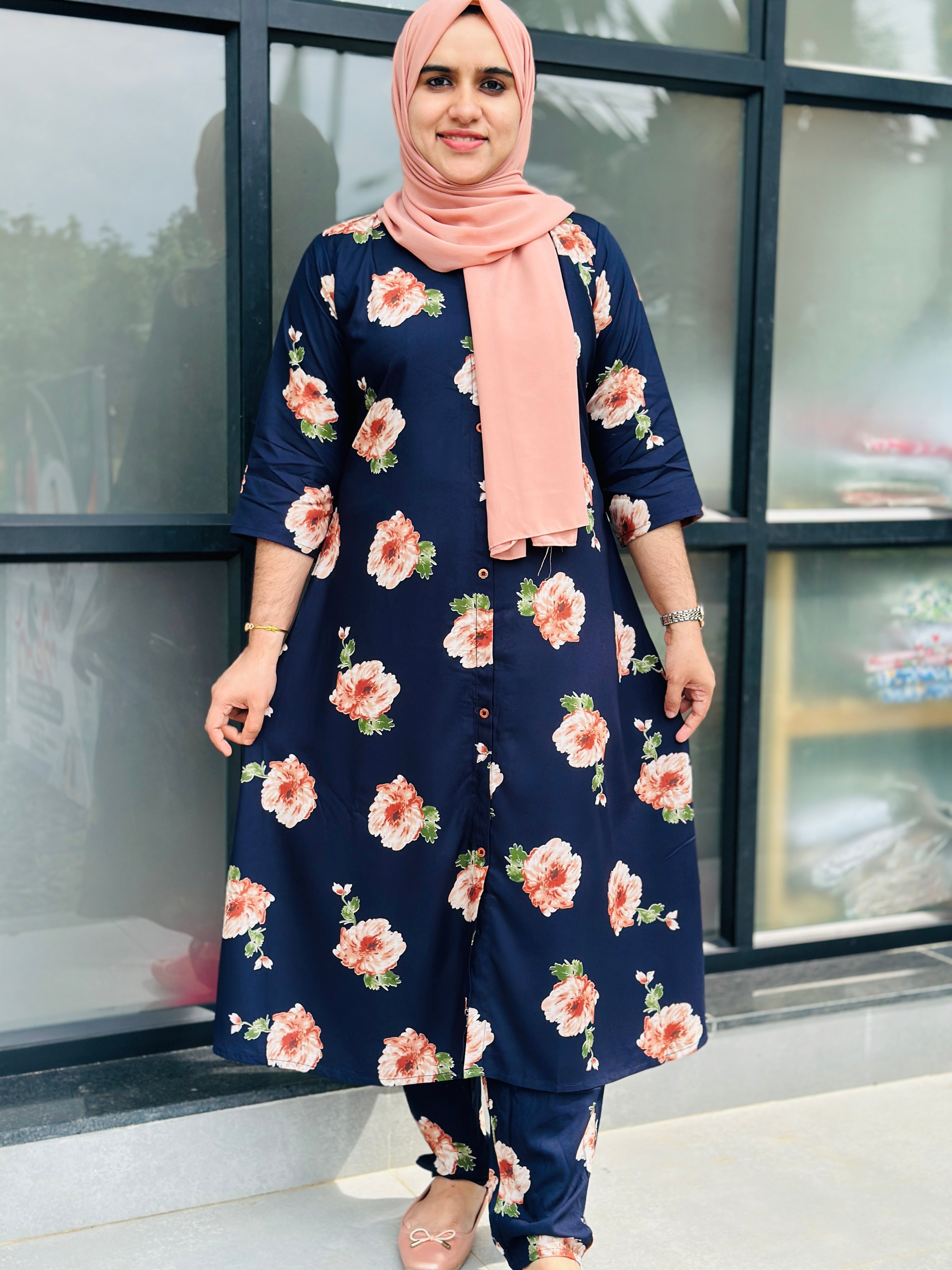 RAYON FLORAL COORDSET A-LINE -navyblue