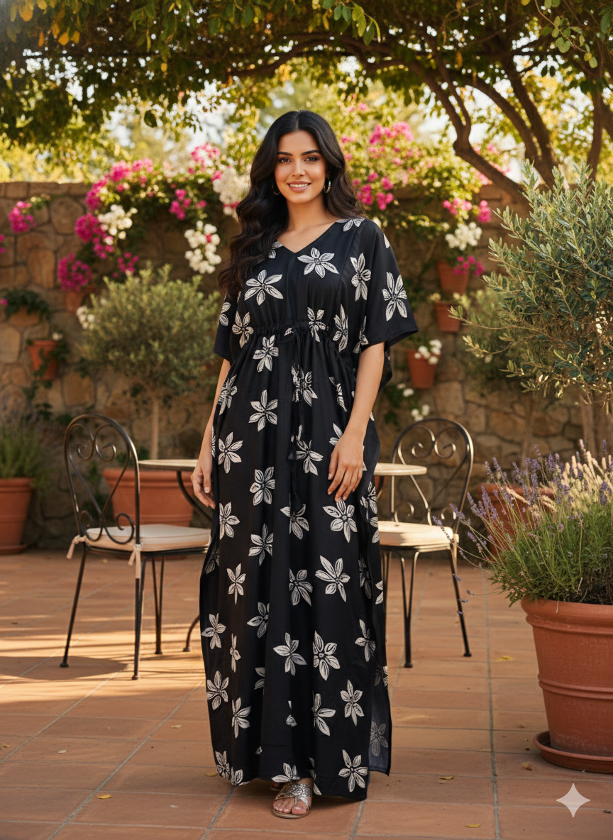 Premium floral kaftan in RAYON fabric with double side zip &length 56” (size xxl)-black