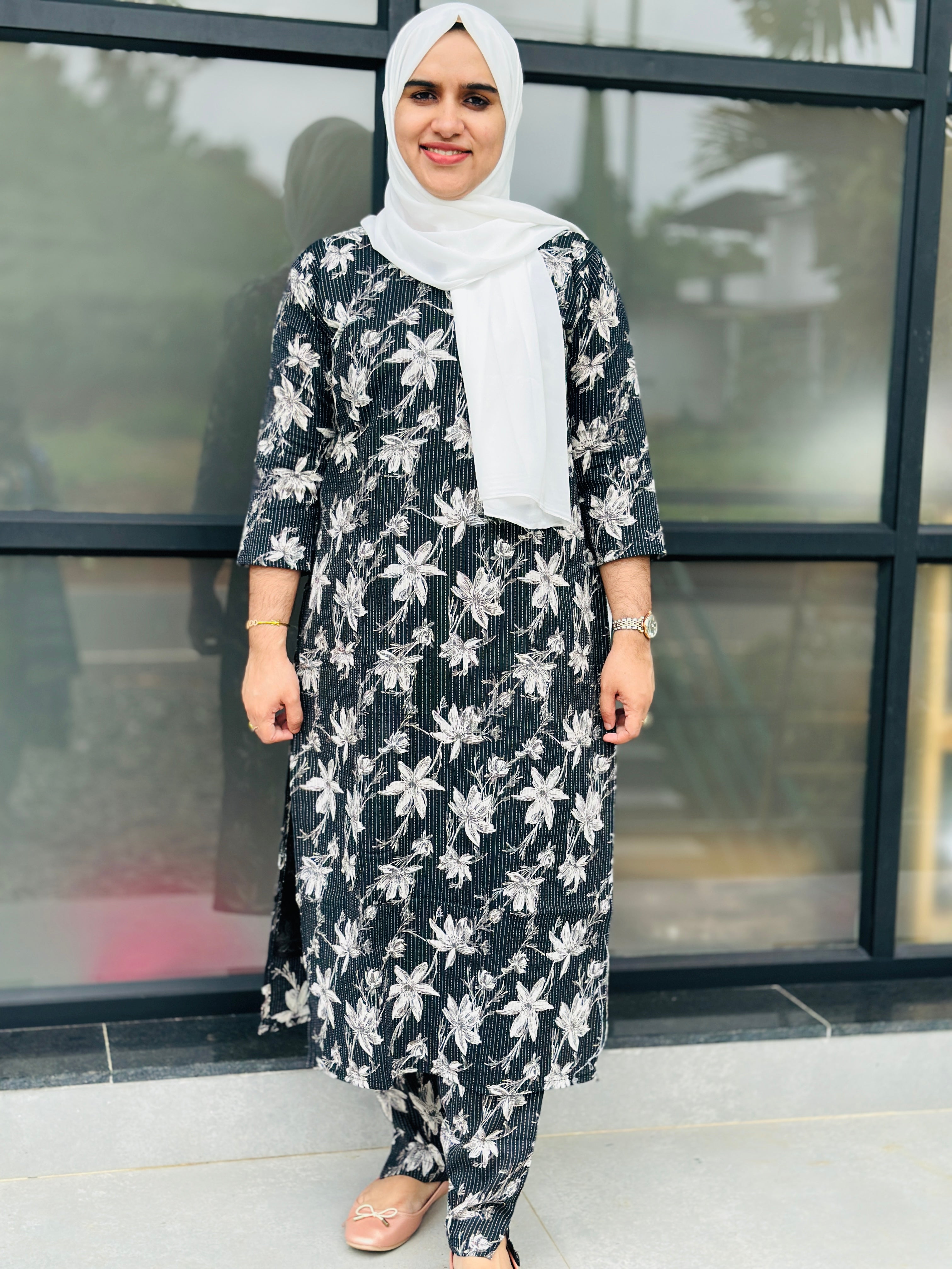 COTTON KANTHA SLITTED COORD SET-BLACK