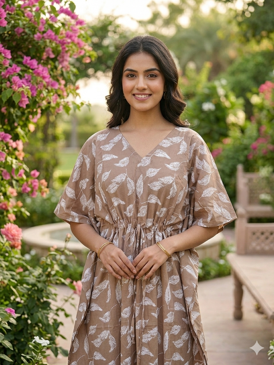 Leafy feeding kaftan-beige