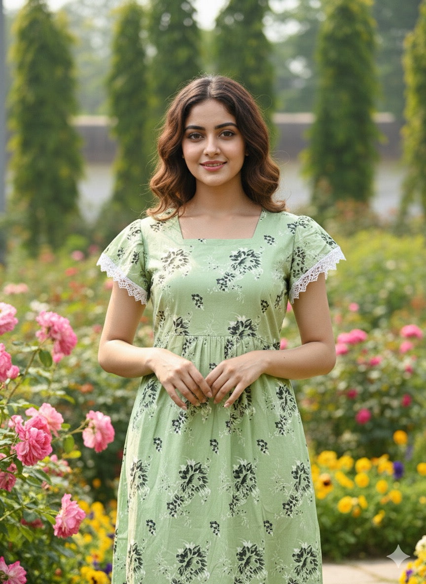 Ruffle sleeve laced  feeding frock-green