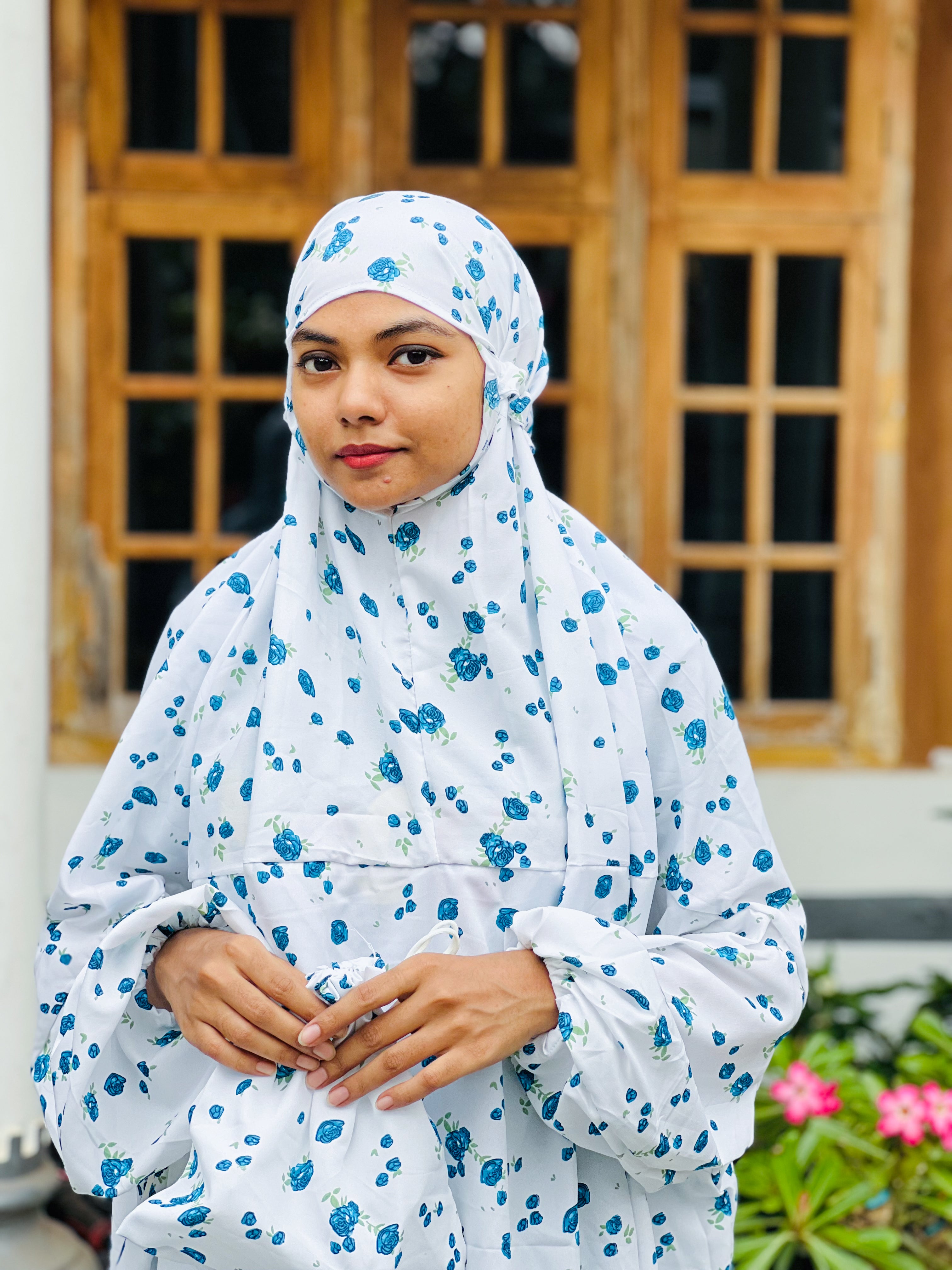 Blue Floral white prayer dress