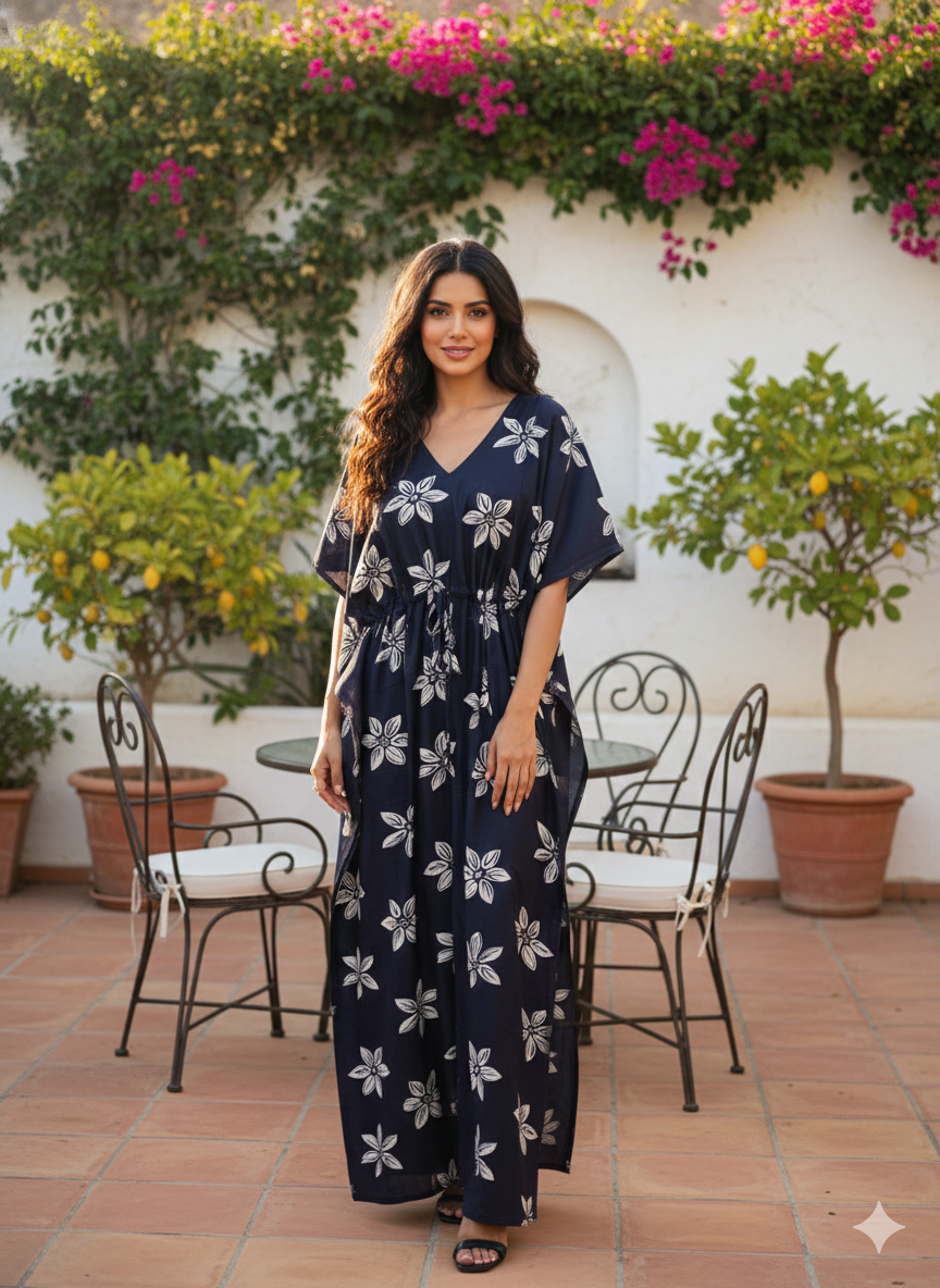 Premium floral kaftan in RAYON fabric with double side zip &length 56” (size xxl)-navyblue