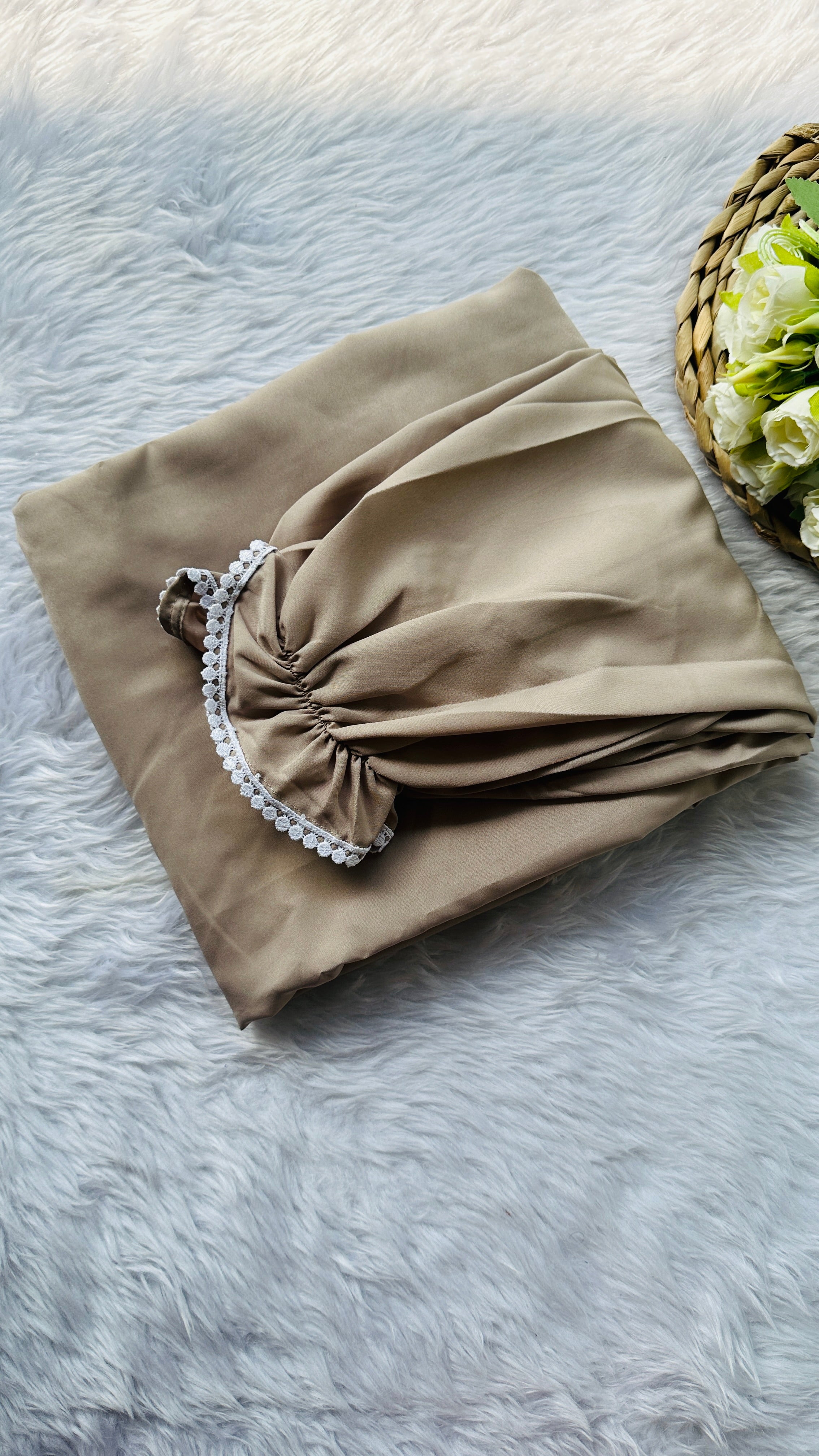 Beige premium crepe prayer dress with small lace