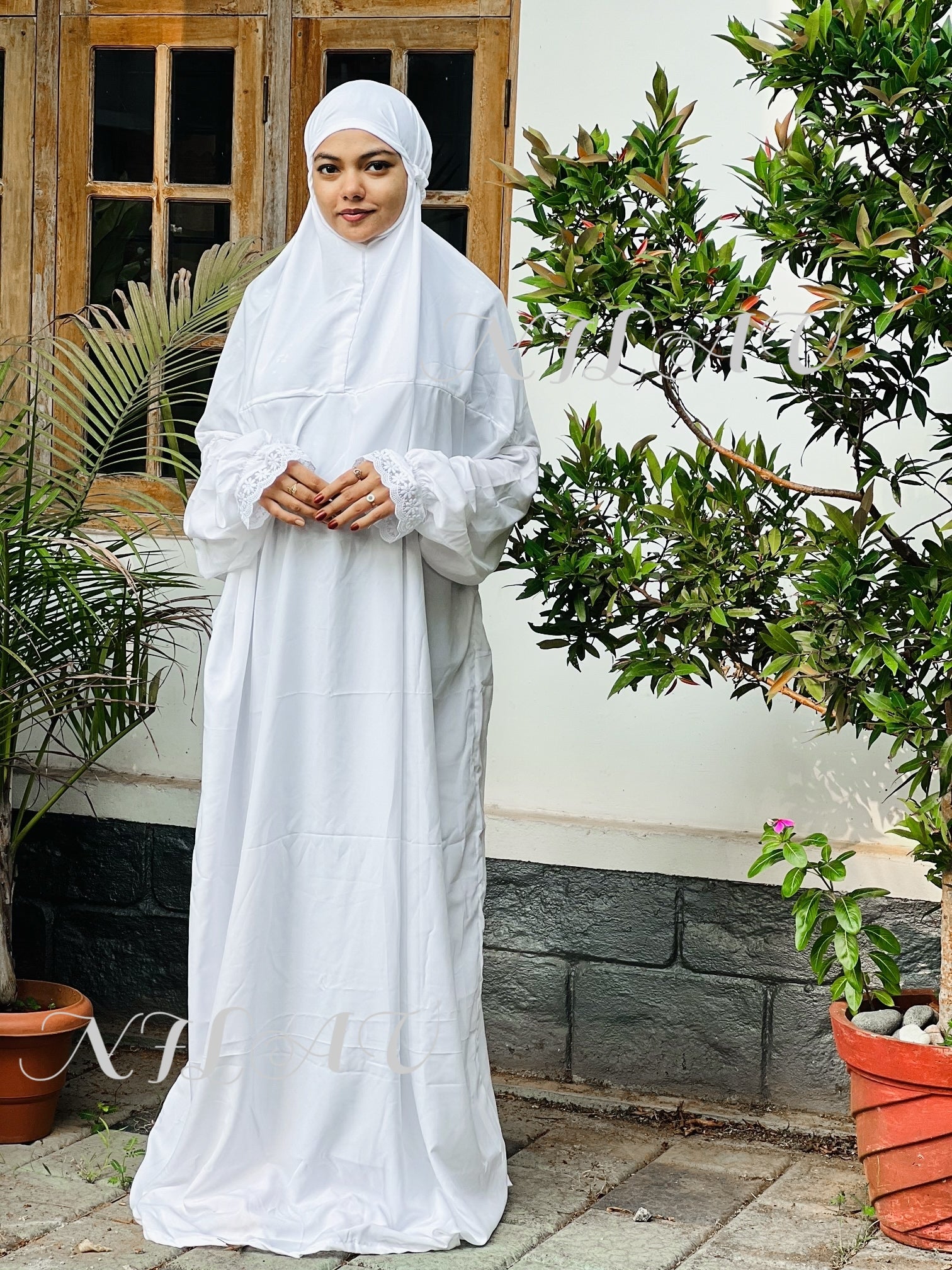White crepe prayer dress with big lace